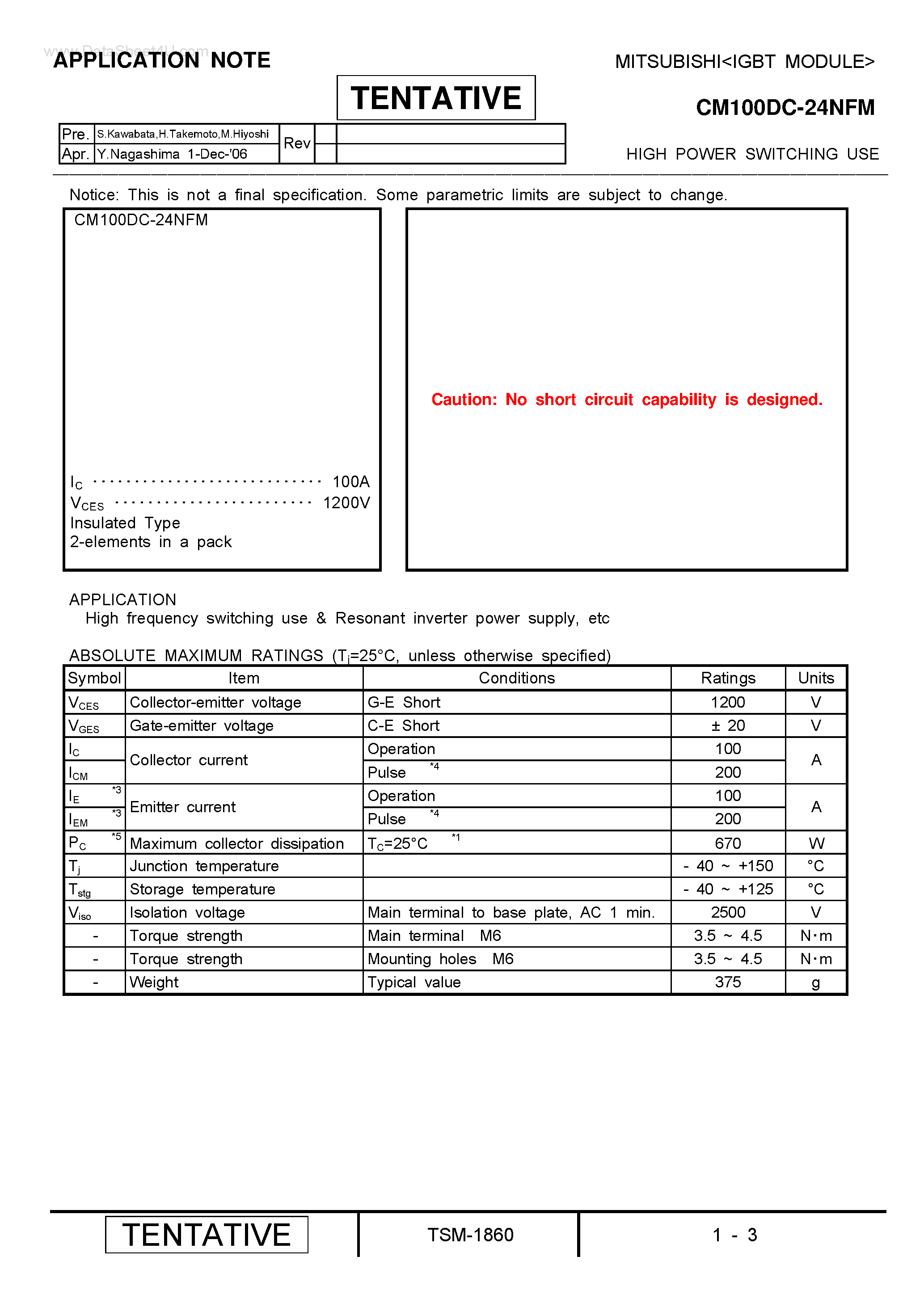 Даташит на микросхему CM100DC-24NFM страница 1 Даташит CM100DC-24NFM - HIGH POWER SWITCHING USE страница 1