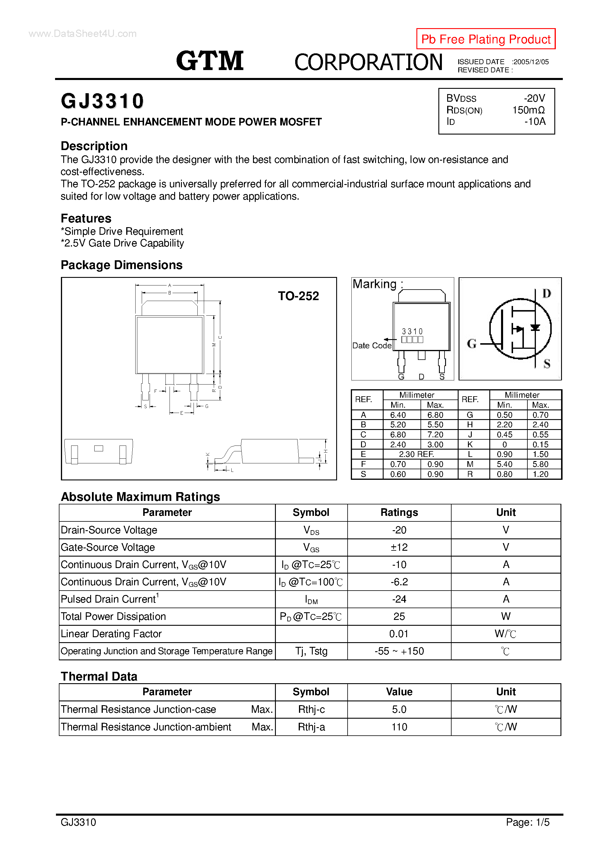 Datasheet GJ3310 - P-CHANNEL ENHANCEMENT MODE POWER MOSFET page 1
