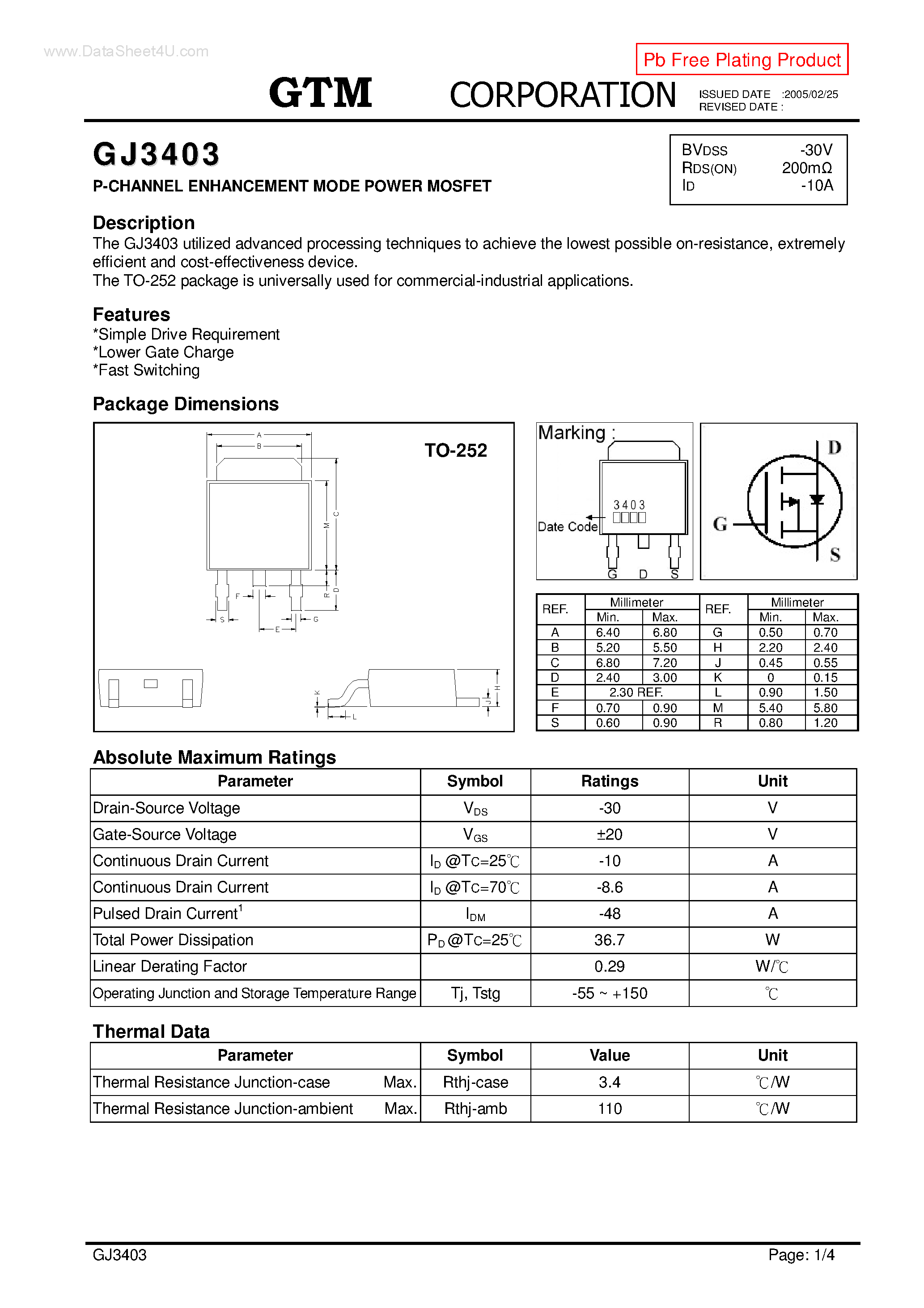 Datasheet GJ3403 page 1 Datasheet GJ3403 - P-CHANNEL ENHANCEMENT MODE POWER MOSFET page 1