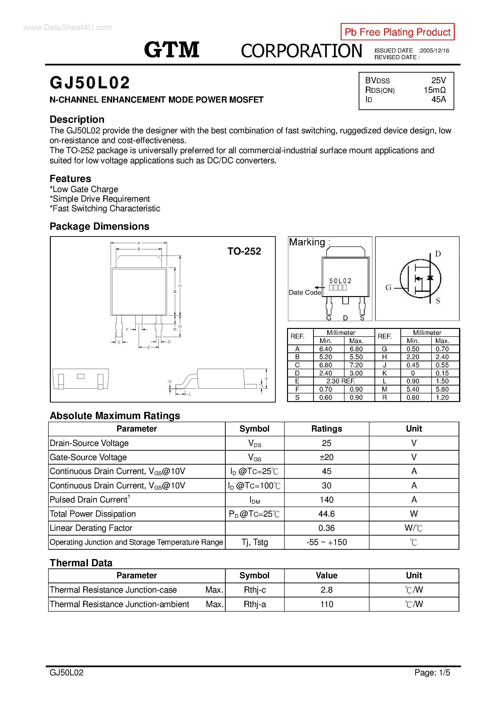 Datasheet GJ50L02 page 1 Datasheet GJ50L02 - N-CHANNEL ENHANCEMENT MODE POWER MOSFET page 1