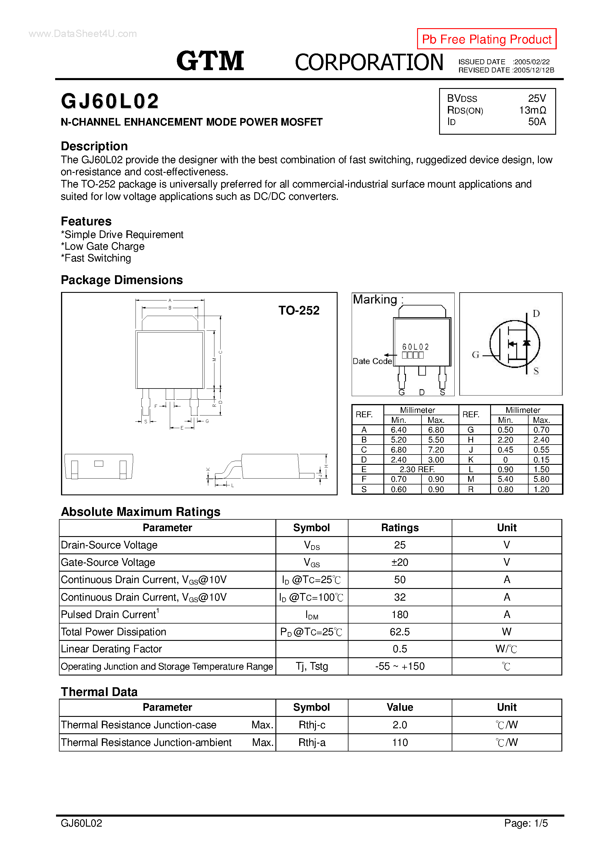 Datasheet GJ60L02 page 1 Datasheet GJ60L02 - N-CHANNEL ENHANCEMENT MODE POWER MOSFET page 1