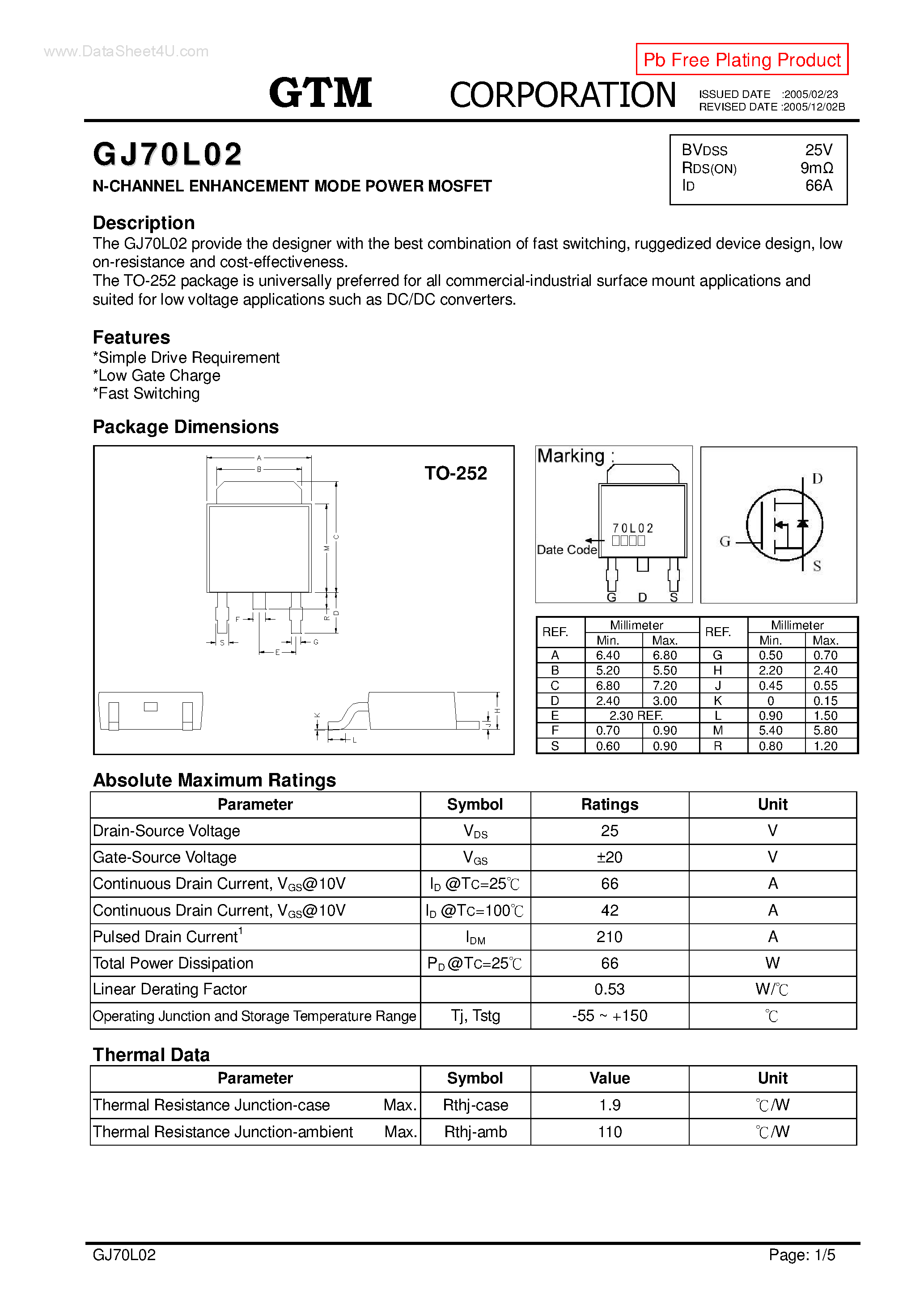 Datasheet GJ70L02 page 1 Datasheet GJ70L02 - N-CHANNEL ENHANCEMENT MODE POWER MOSFET page 1