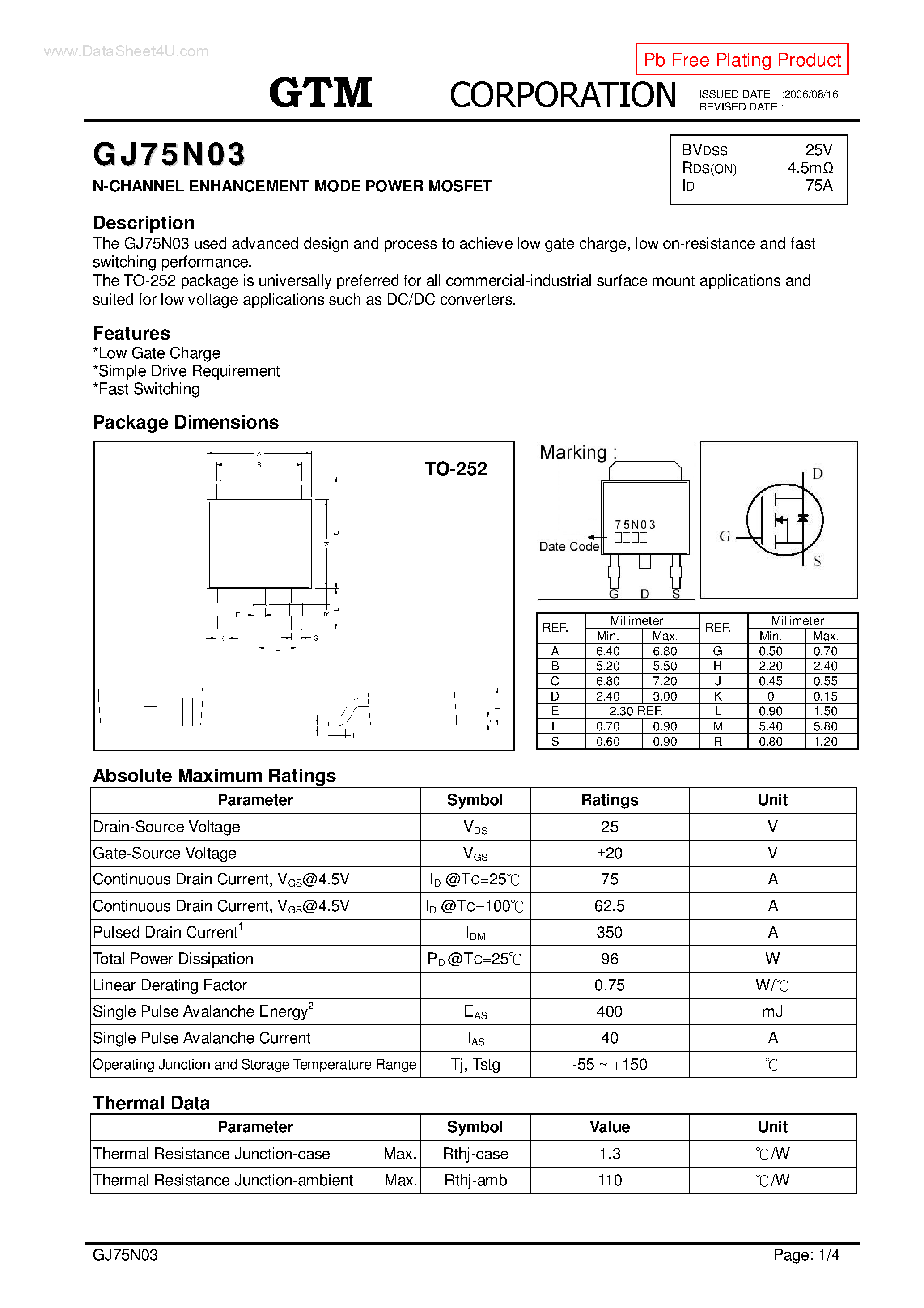 Datasheet GJ75N03 - N-CHANNEL ENHANCEMENT MODE POWER MOSFET page 1