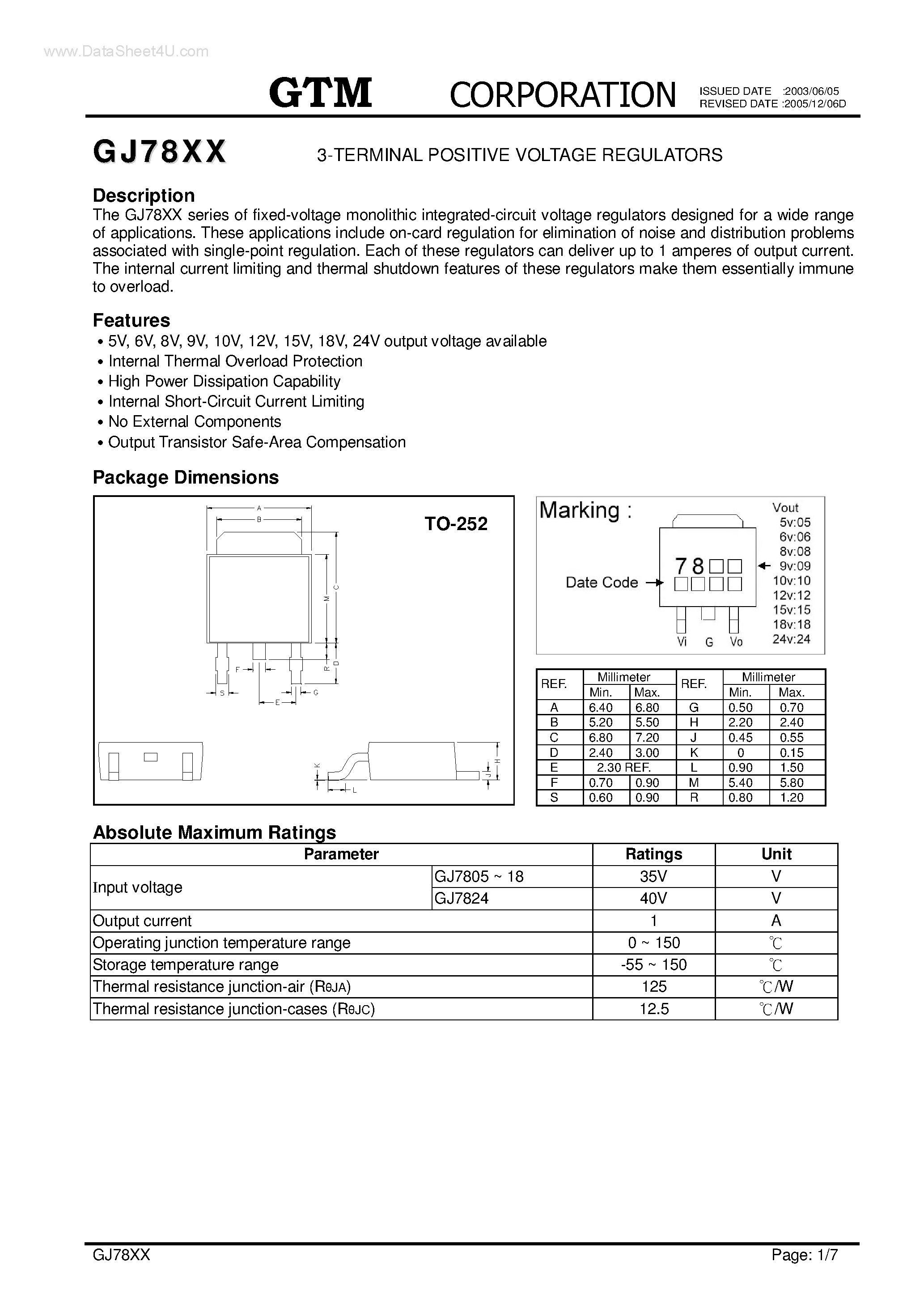 Даташит GJ7805 - (GJ78xx) 3-TERMINAL POSITIVE VOLTAGE REGULATORS страница 1