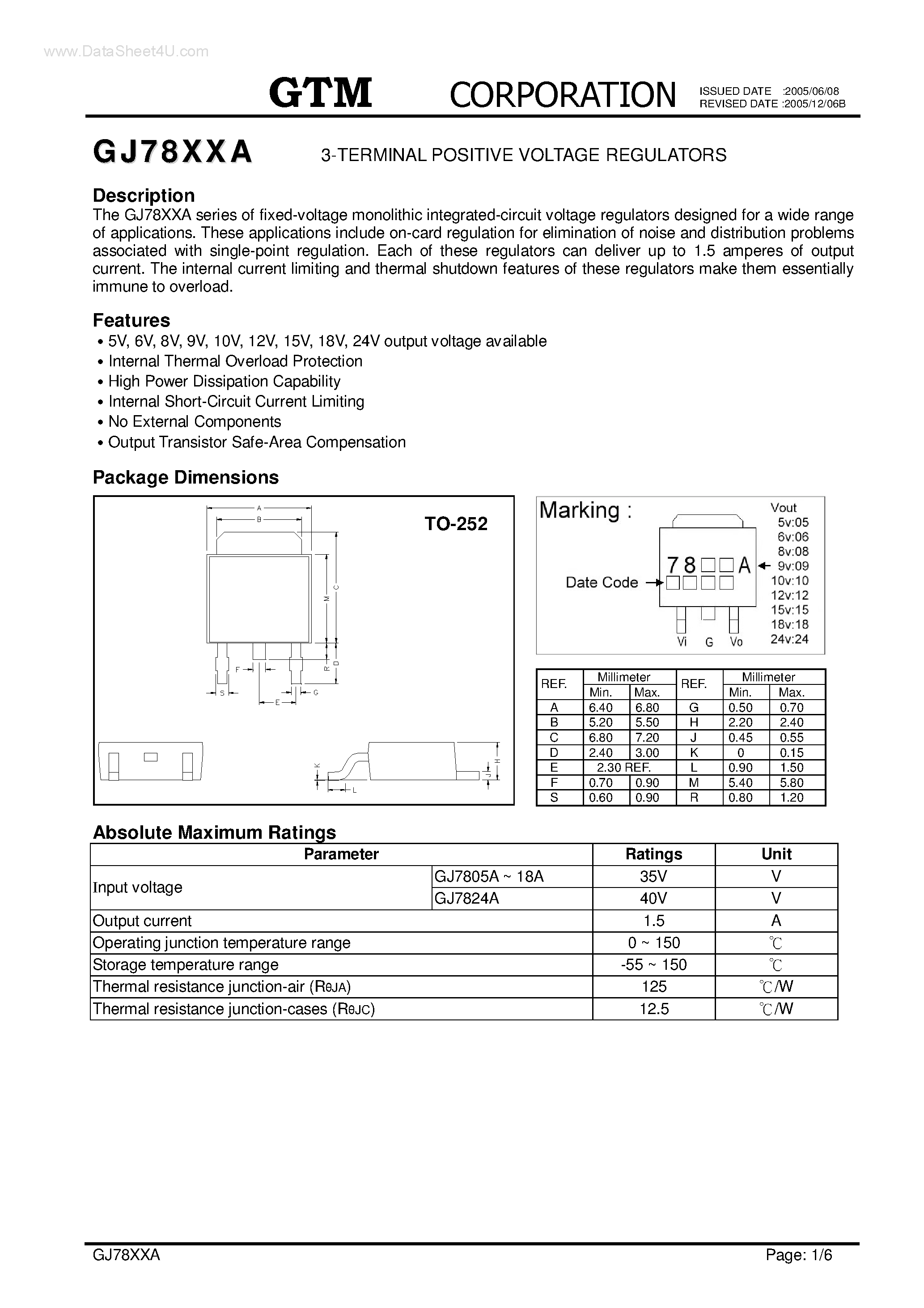Даташит GJ7806A - (GJ78XXA) 3-TERMINAL POSITIVE VOLTAGE REGULATORS страница 1