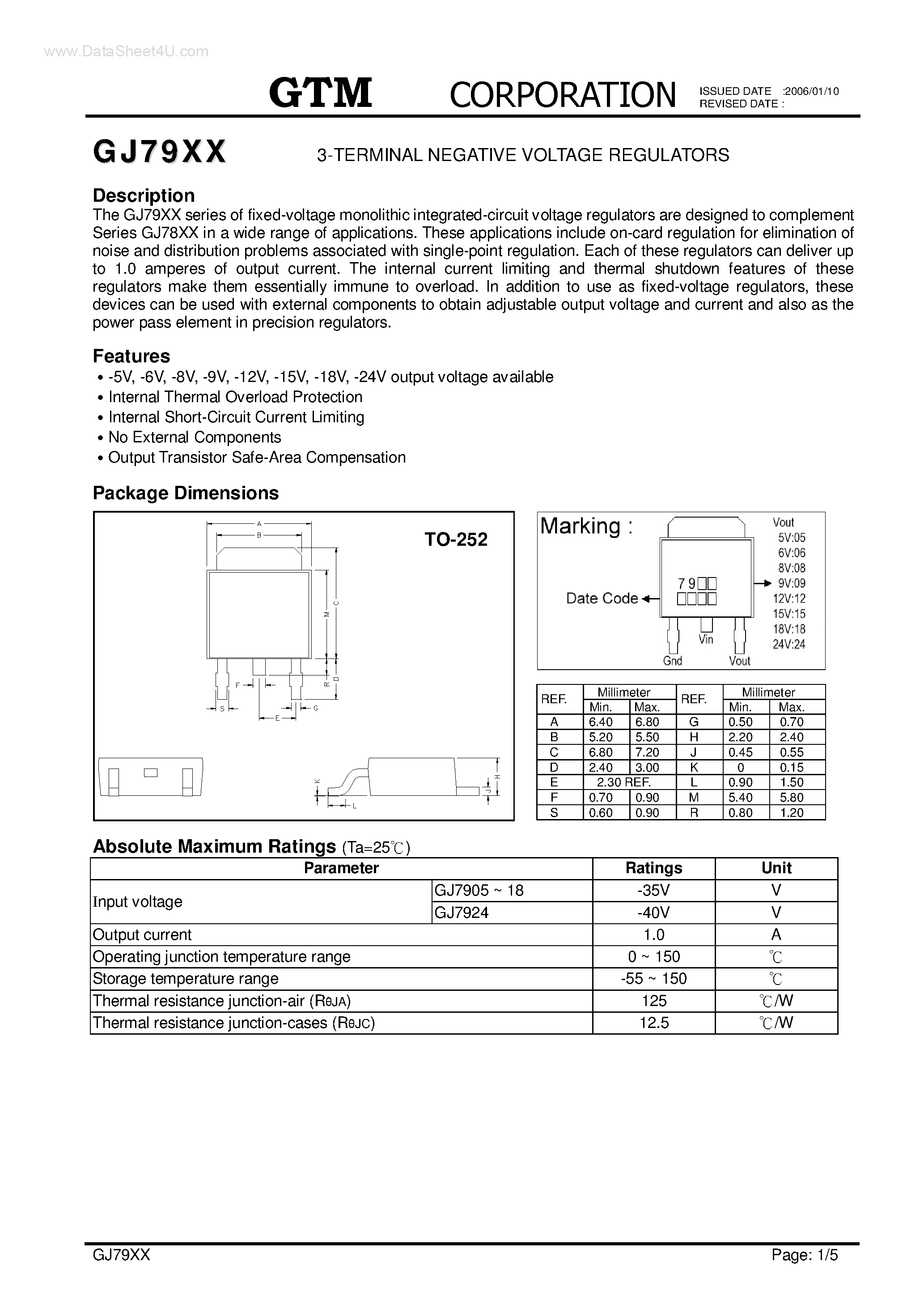 Даташит GJ7906 - (GJ79xx) 3-TERMINAL NEGATIVE VOLTAGE REGULATORS страница 1