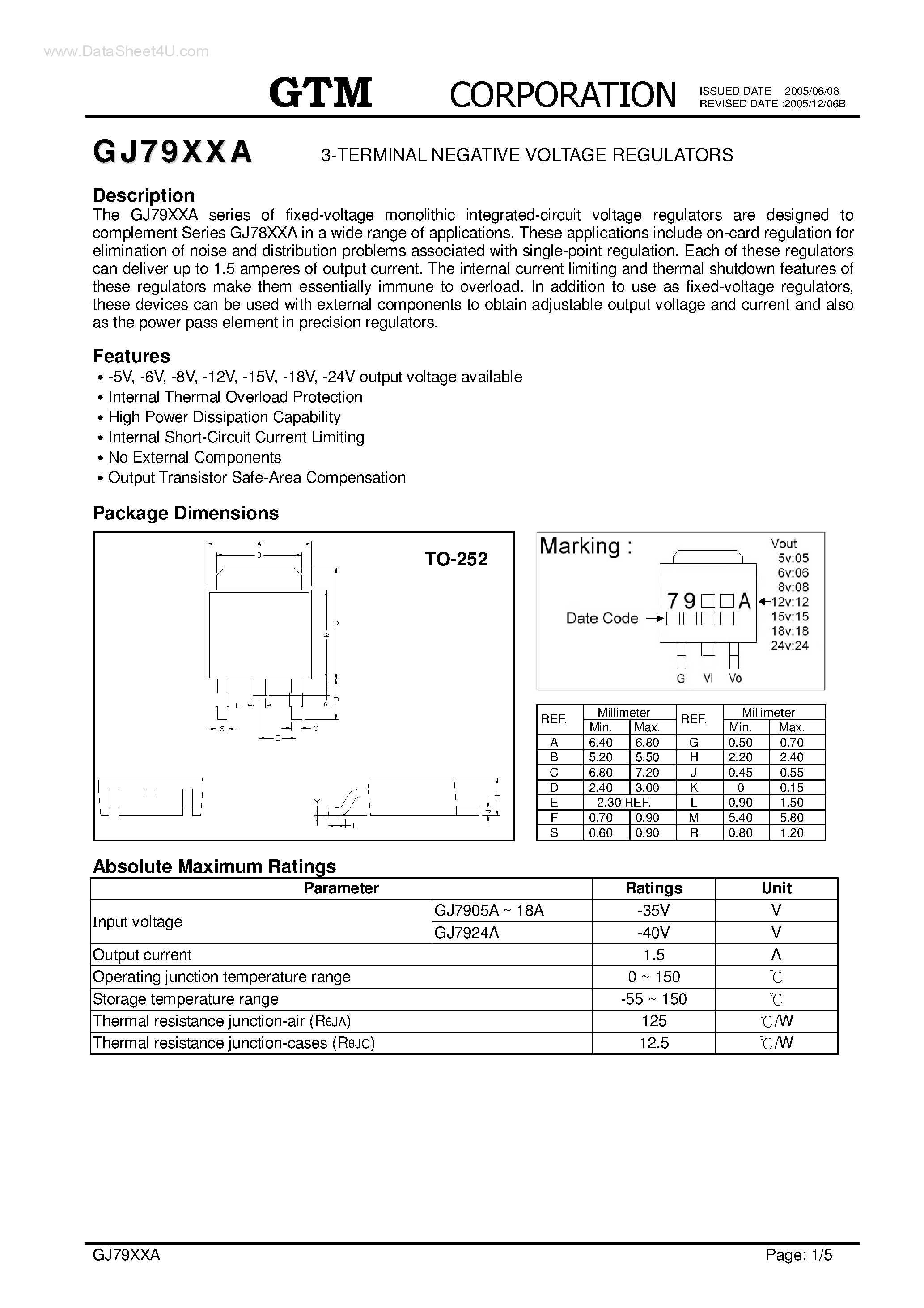 Даташит GJ7905A - (GJ79xxA) 3-TERMINAL NEGATIVE VOLTAGE REGULATORS страница 1