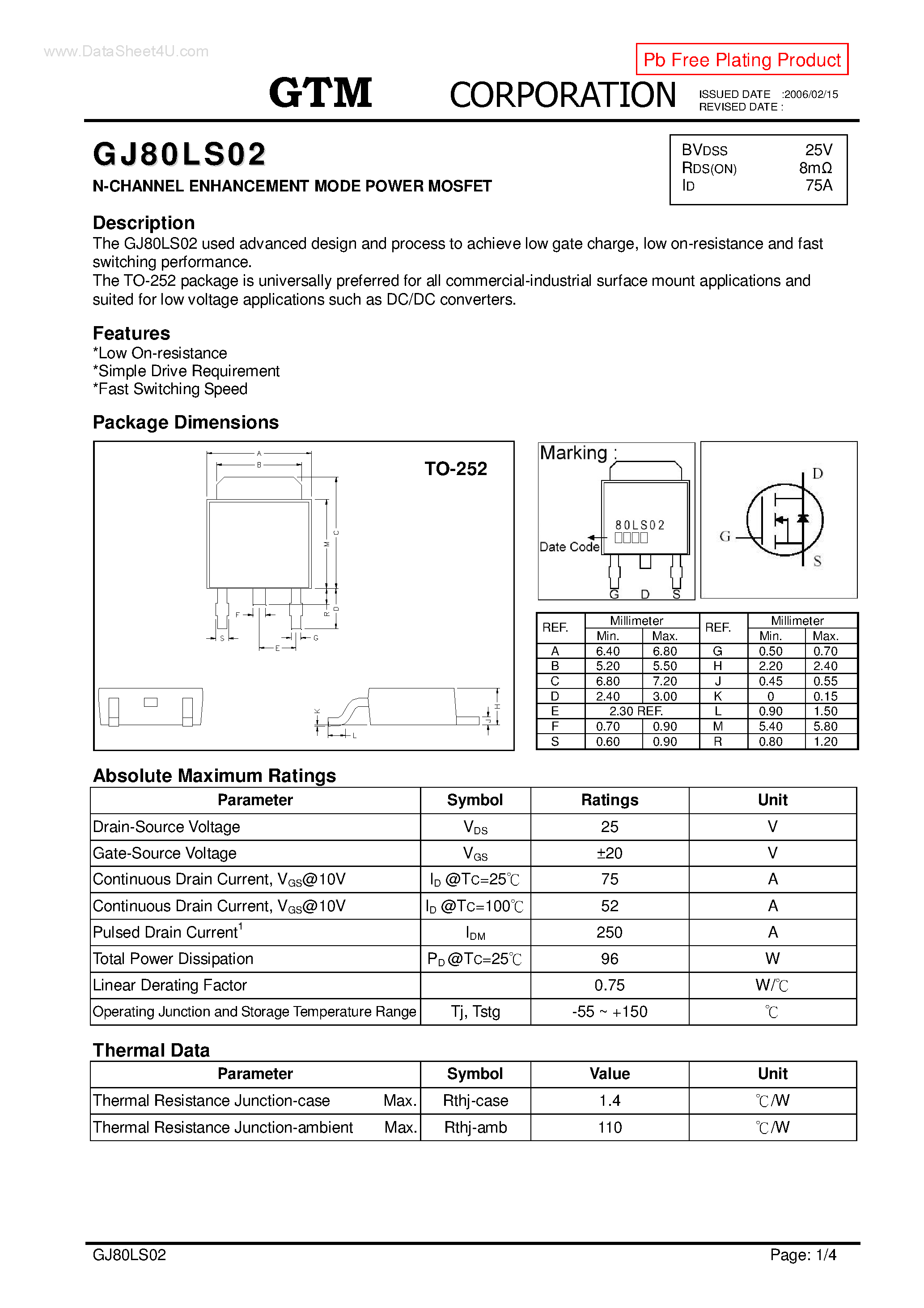 Datasheet GJ80LS02 - N-CHANNEL ENHANCEMENT MODE POWER MOSFET page 1