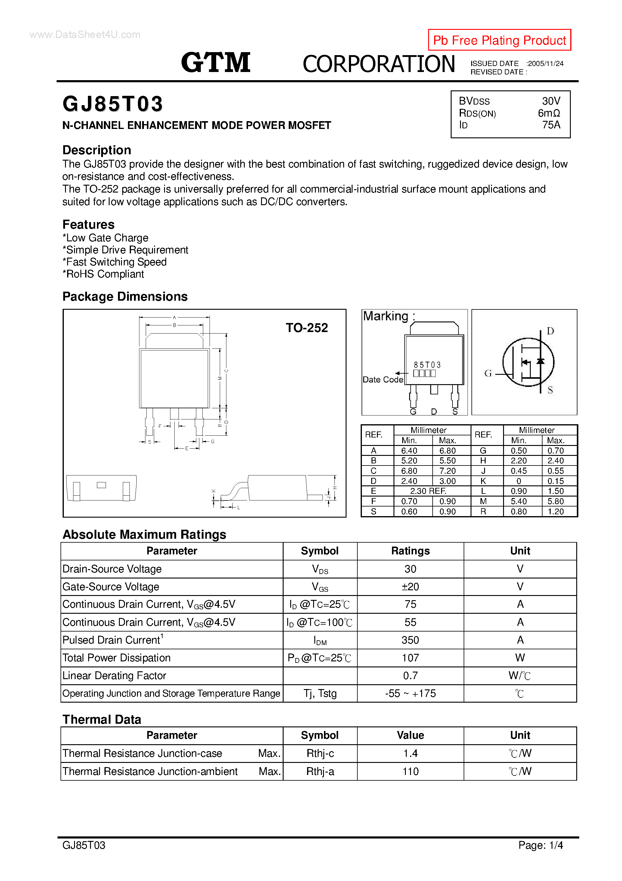 Datasheet GJ85T03 - N-CHANNEL ENHANCEMENT MODE POWER MOSFET page 1