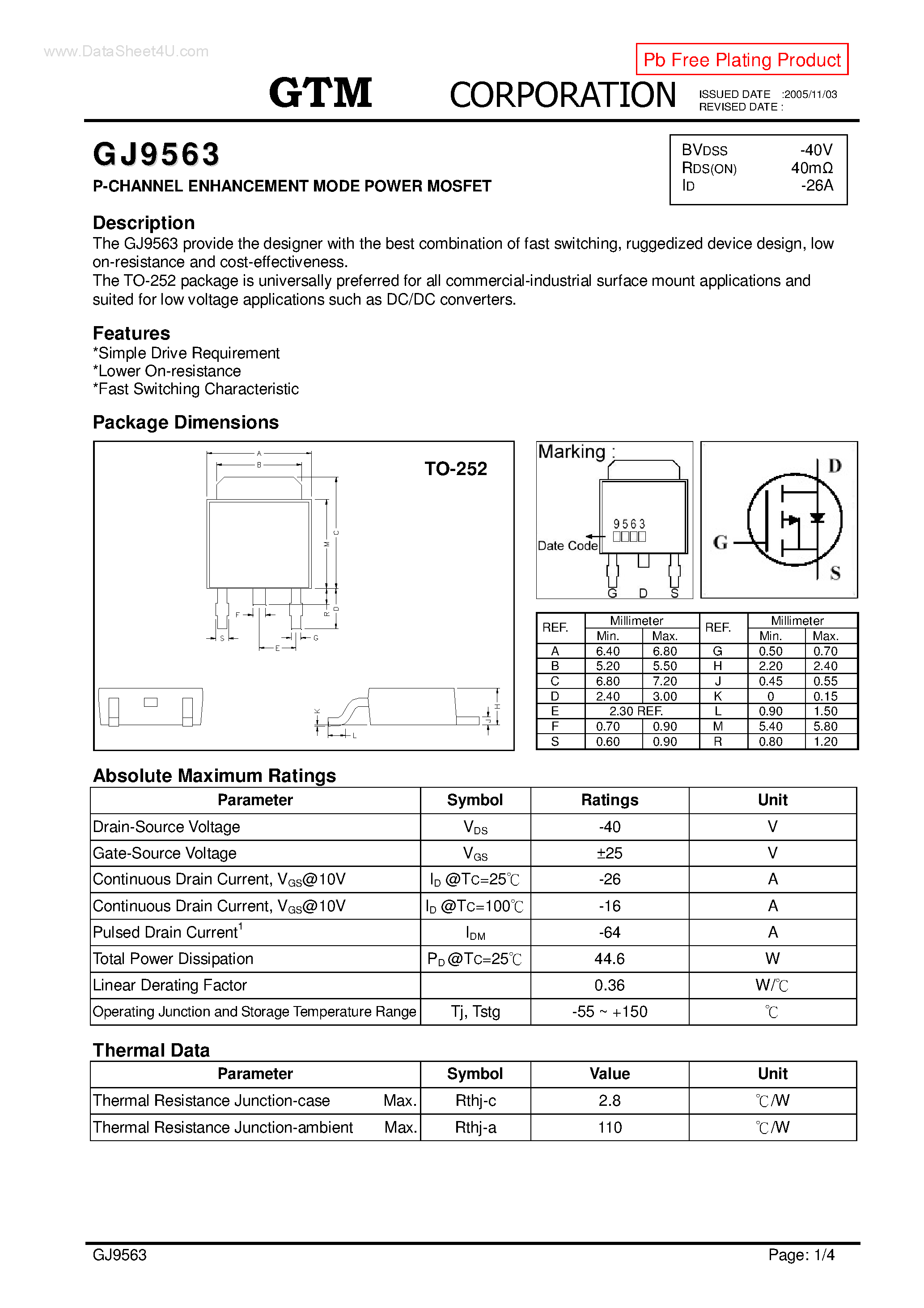 Datasheet GJ9563 - P-CHANNEL ENHANCEMENT MODE POWER MOSFET page 1