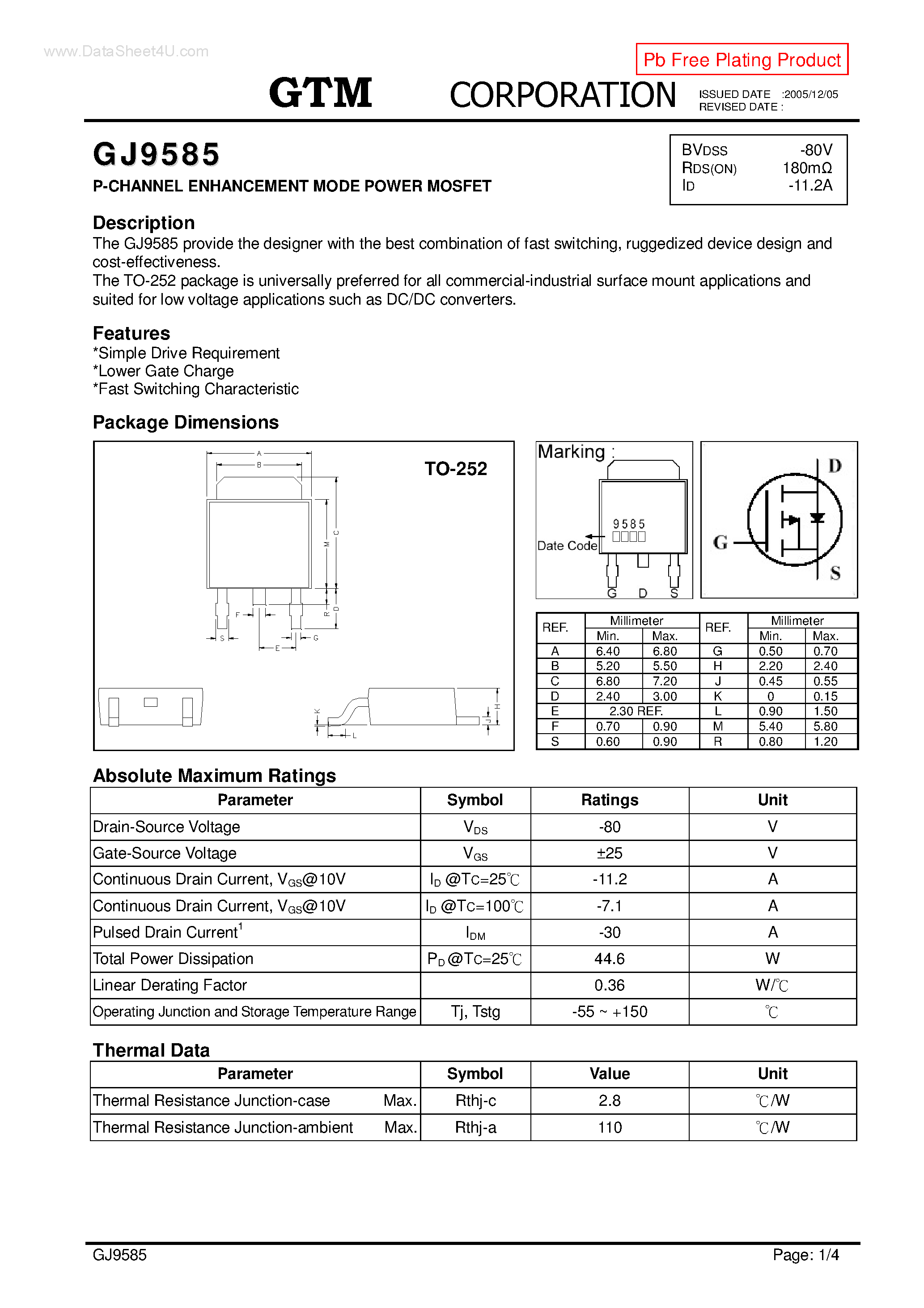 Datasheet GJ9585 page 1 Datasheet GJ9585 - P-CHANNEL ENHANCEMENT MODE POWER MOSFET page 1