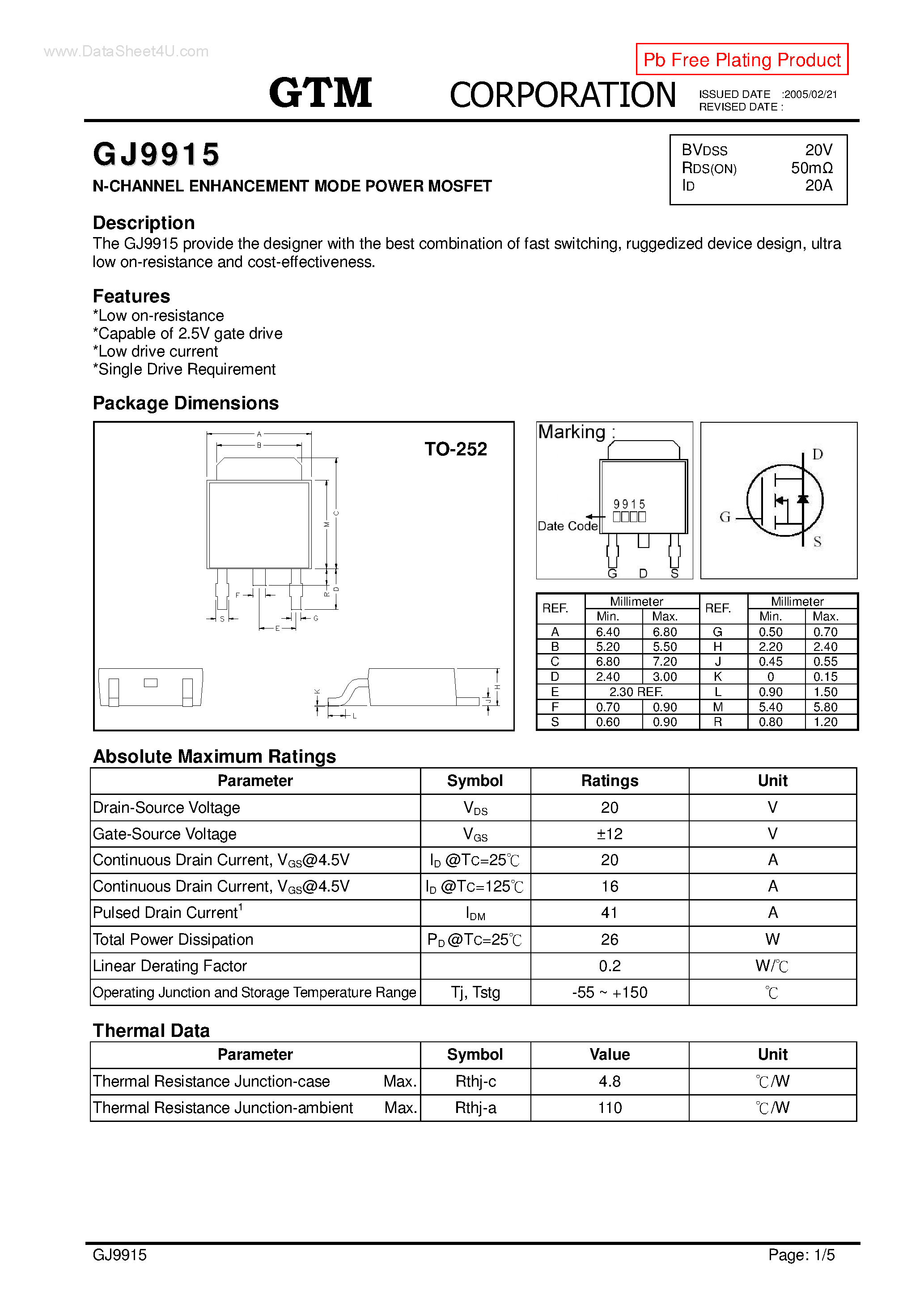 Datasheet GJ9915 page 1 Datasheet GJ9915 - N-CHANNEL ENHANCEMENT MODE POWER MOSFET page 1