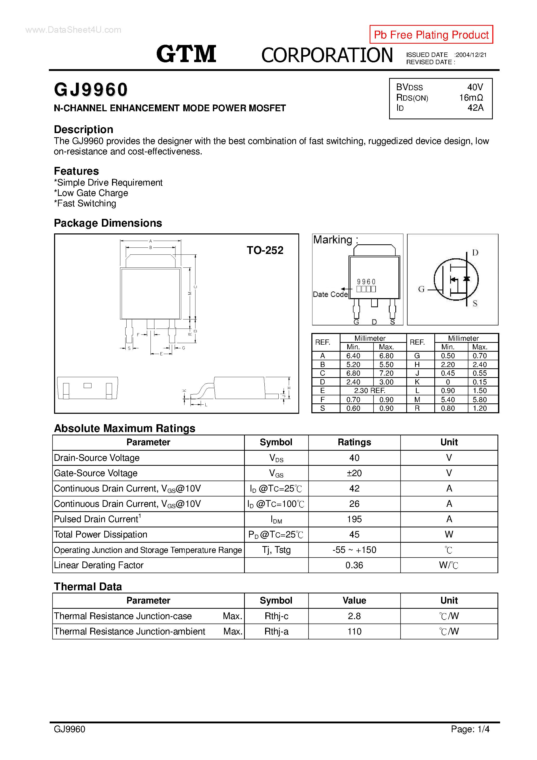 Datasheet GJ9960 page 1 Datasheet GJ9960 - N-CHANNEL ENHANCEMENT MODE POWER MOSFET page 1