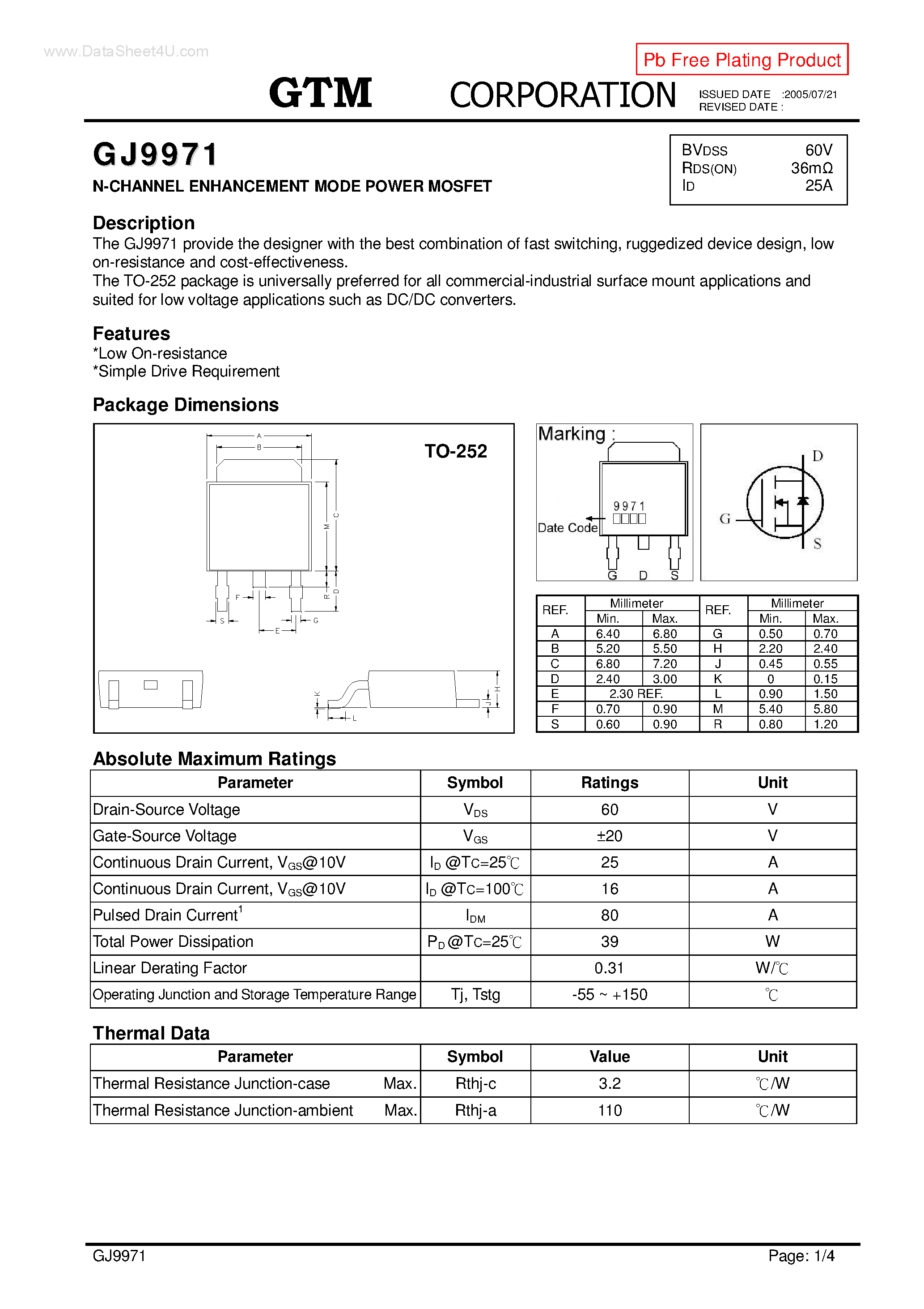 Datasheet GJ9971 page 1 Datasheet GJ9971 - N-CHANNEL ENHANCEMENT MODE POWER MOSFET page 1