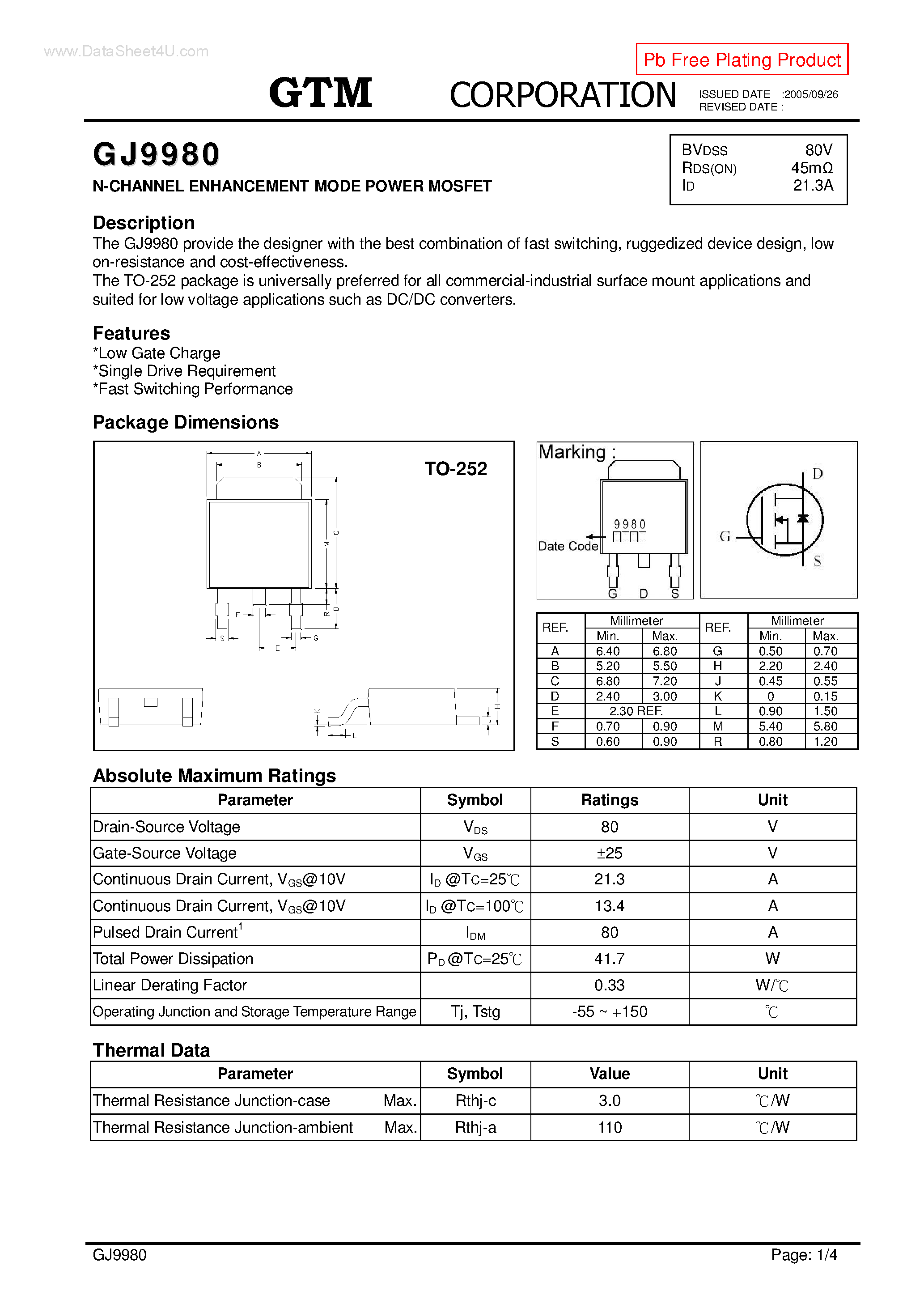 Datasheet GJ9980 page 1 Datasheet GJ9980 - N-CHANNEL ENHANCEMENT MODE POWER MOSFET page 1
