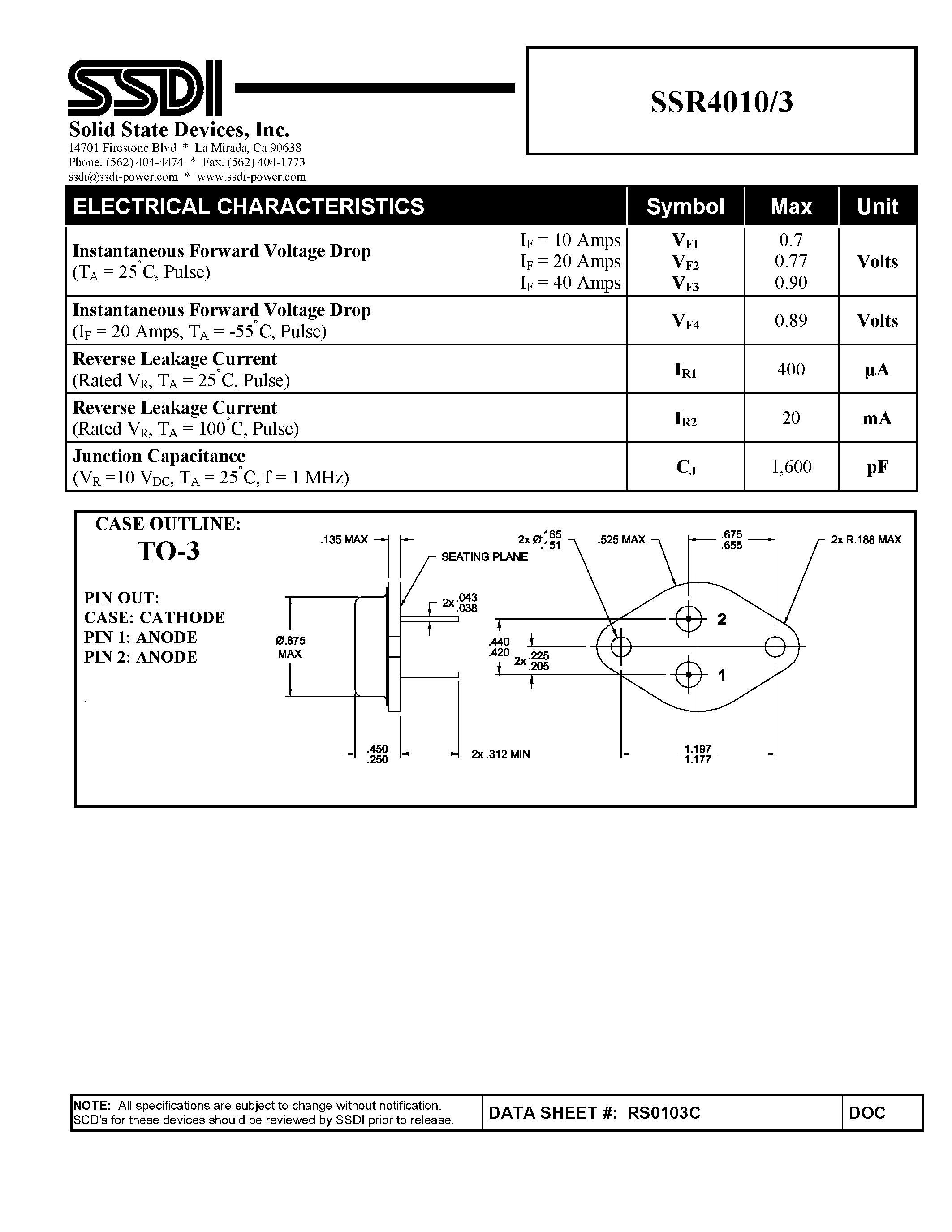 Даташит на микросхему SSR4010/3 страница 2 Даташит SSR4010/3 - SCHOTTKY RECTIFIER страница 2