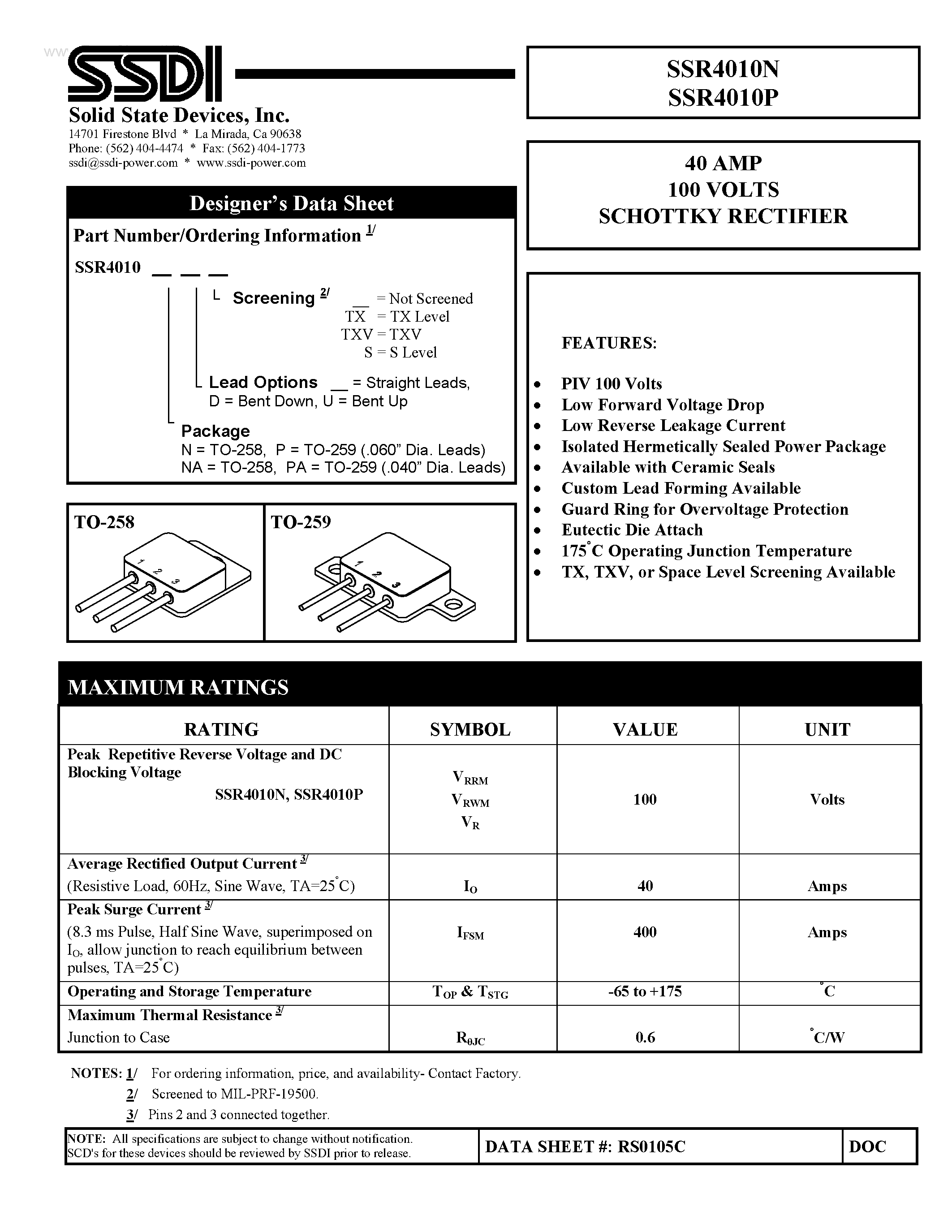 Datasheet SSR4010N - (SSR4010N/P) SCHOTTKY RECTIFIER page 1