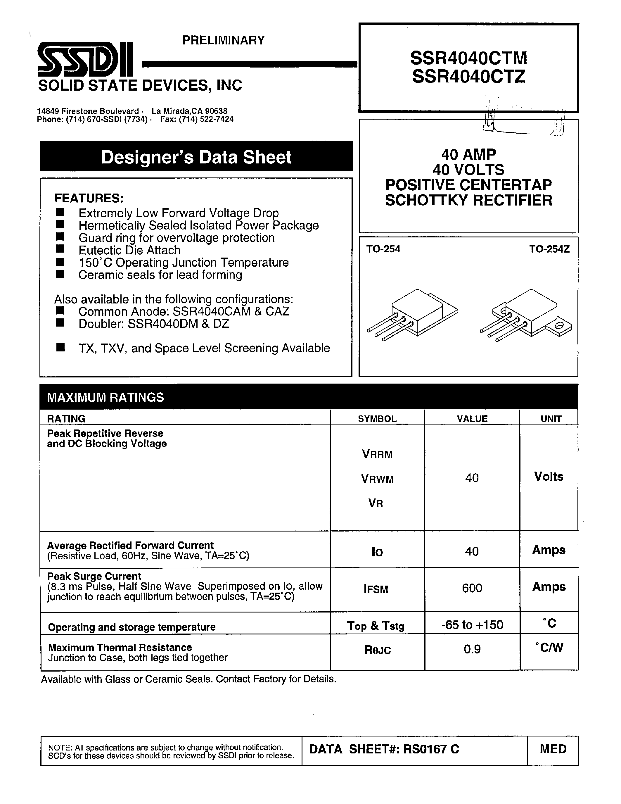 Datasheet SSR4040CTM - (SSR4040CTM/Z) POSITIVE CENTERTAP SCHOTTKY RECTIFIER page 1