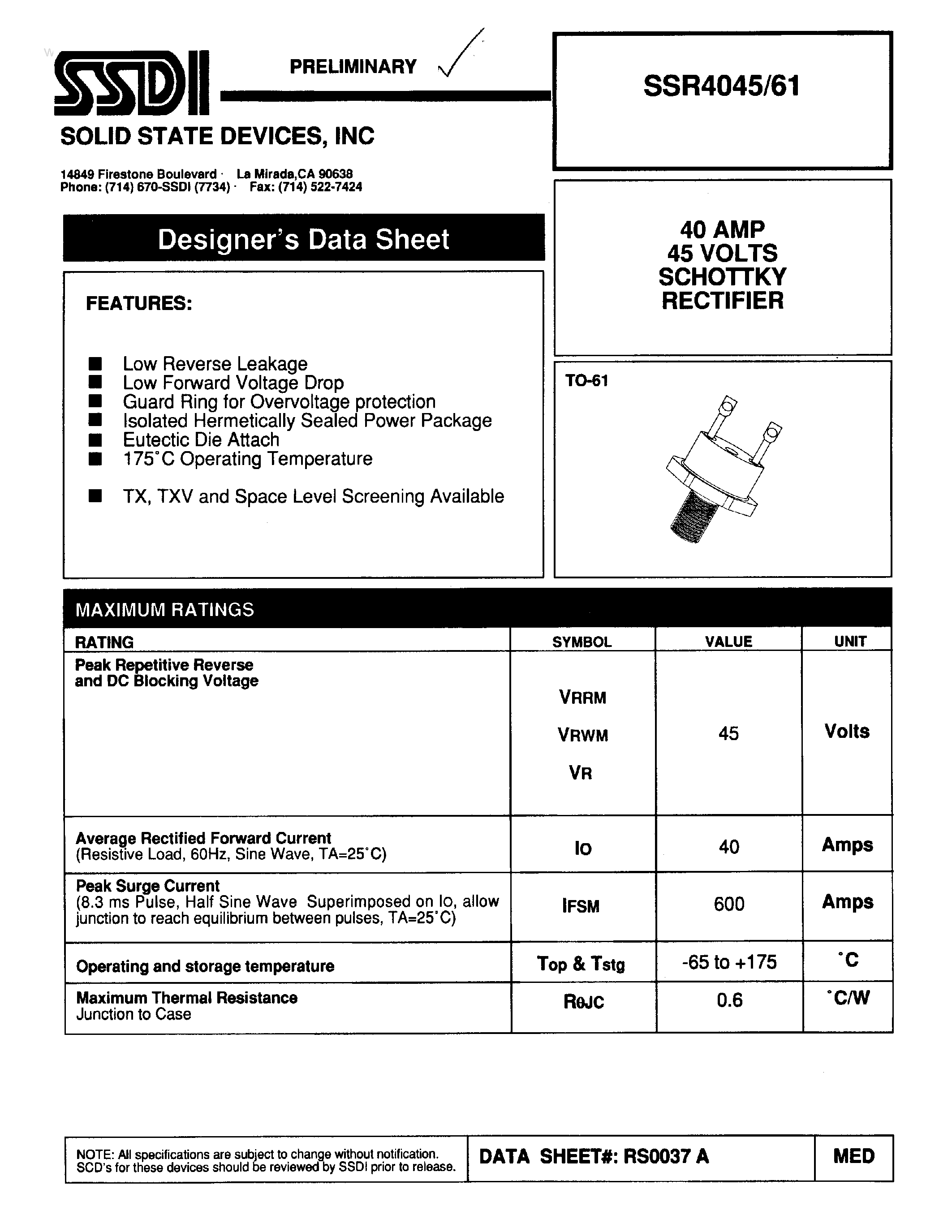 Datasheet SSR4045/61 page 1 Datasheet SSR4045/61 - SCHOTTKY RECTIFIER page 1