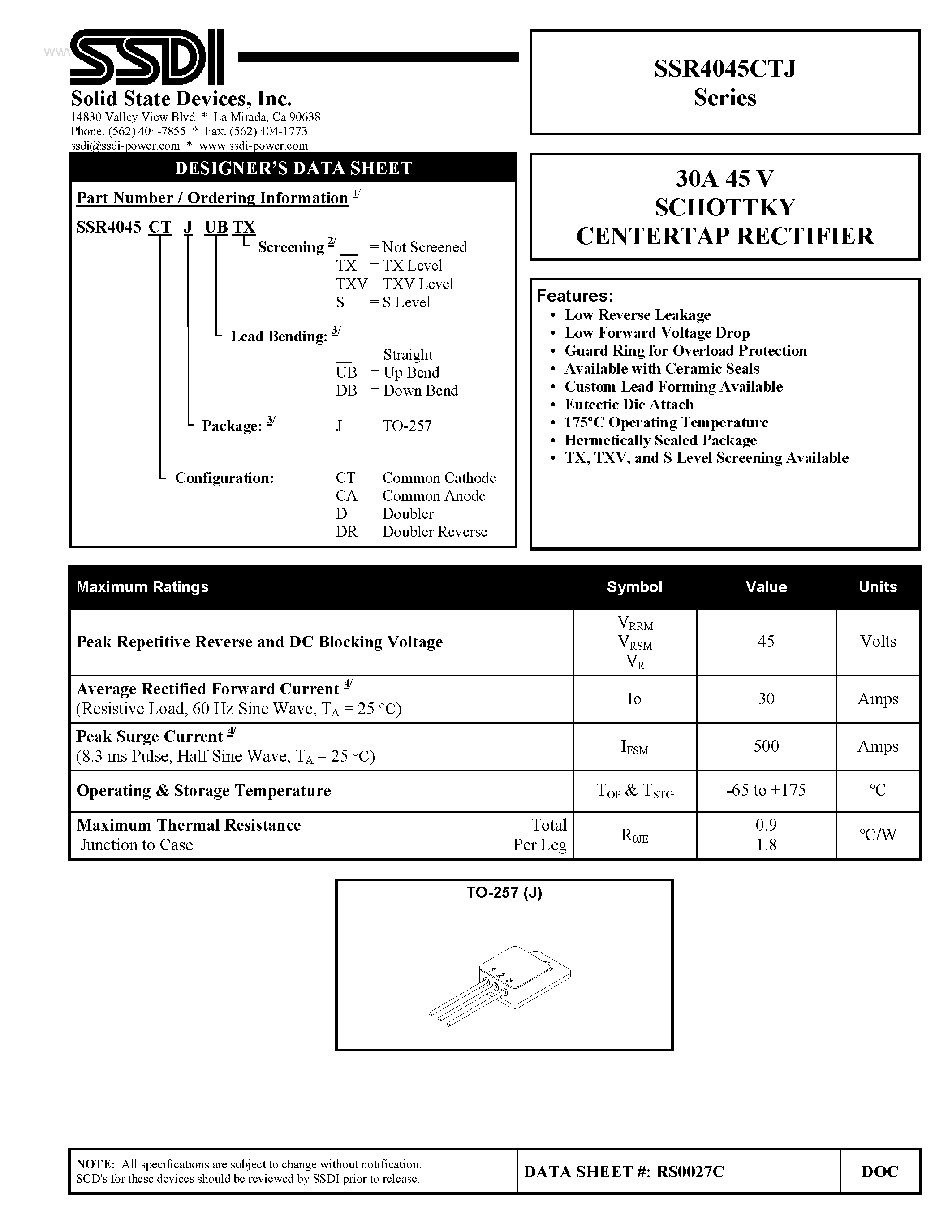 Даташит SSR4045CTJ - SCHOTTKY RECTIFIER страница 1