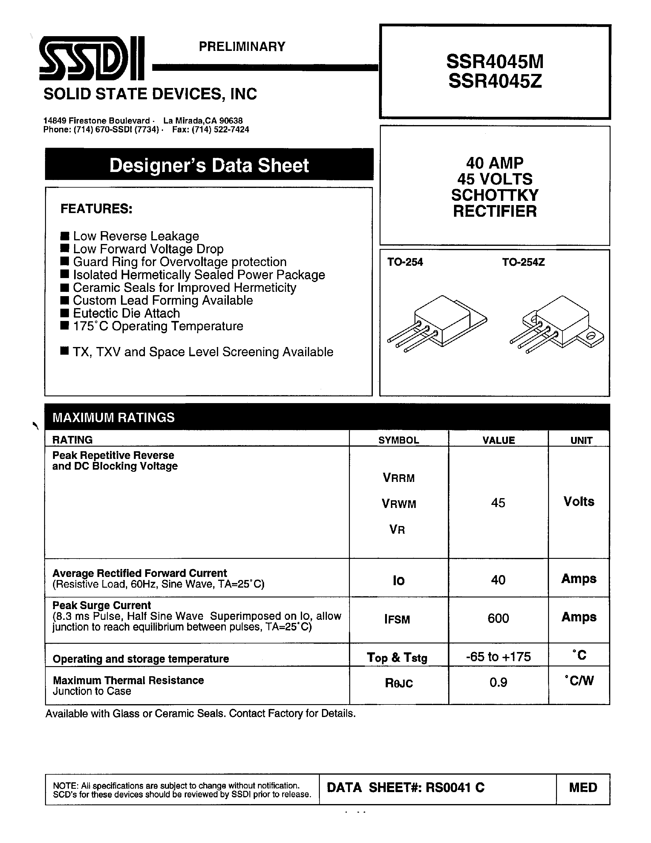 Datasheet SSR4045M - (SSR4045M/Z) SCHOTTKY RECTIFIER page 1