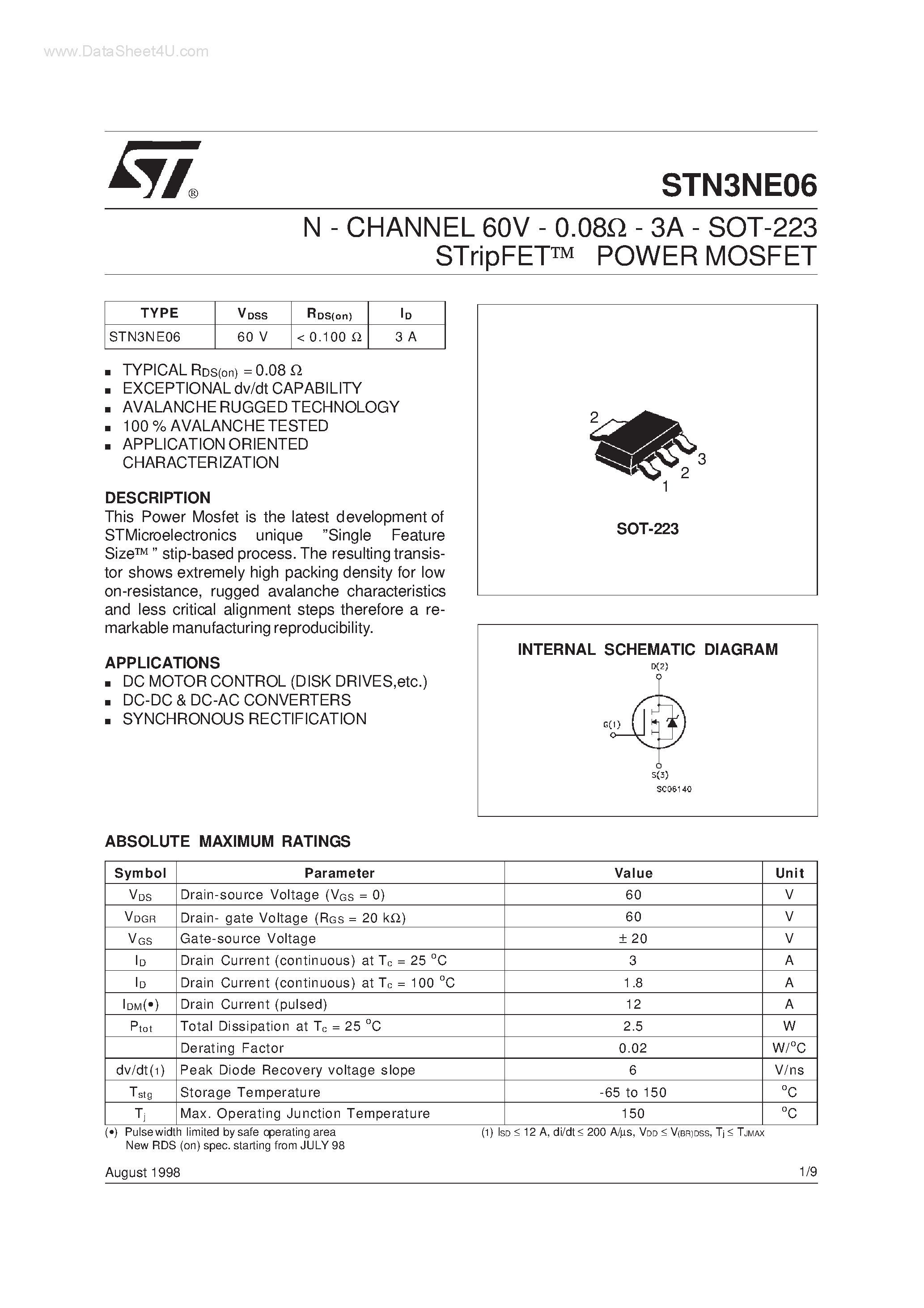 Datasheet STN3NE06 - N-CHANNEL MOSFET page 1