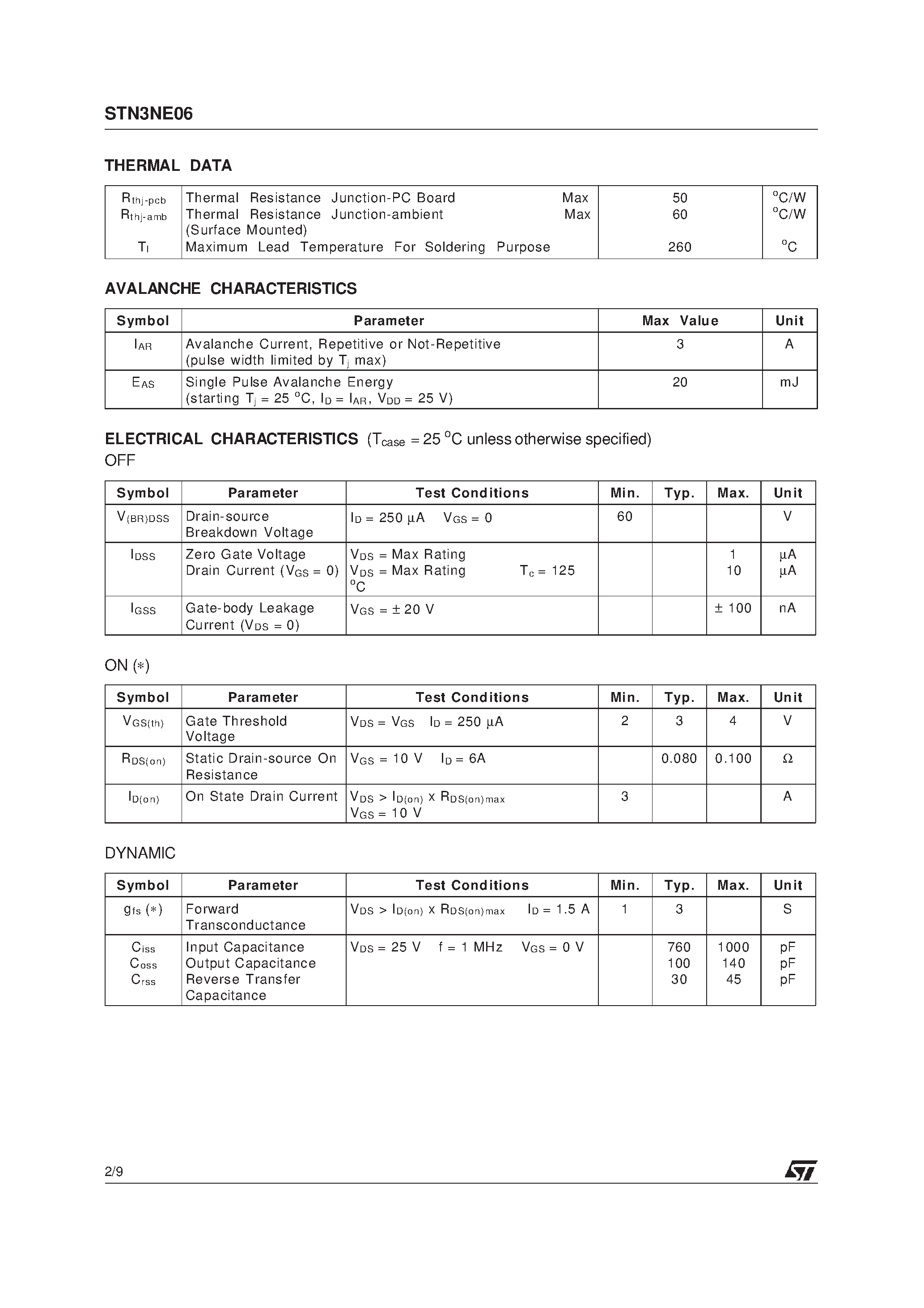 Datasheet STN3NE06 - N-CHANNEL MOSFET page 2