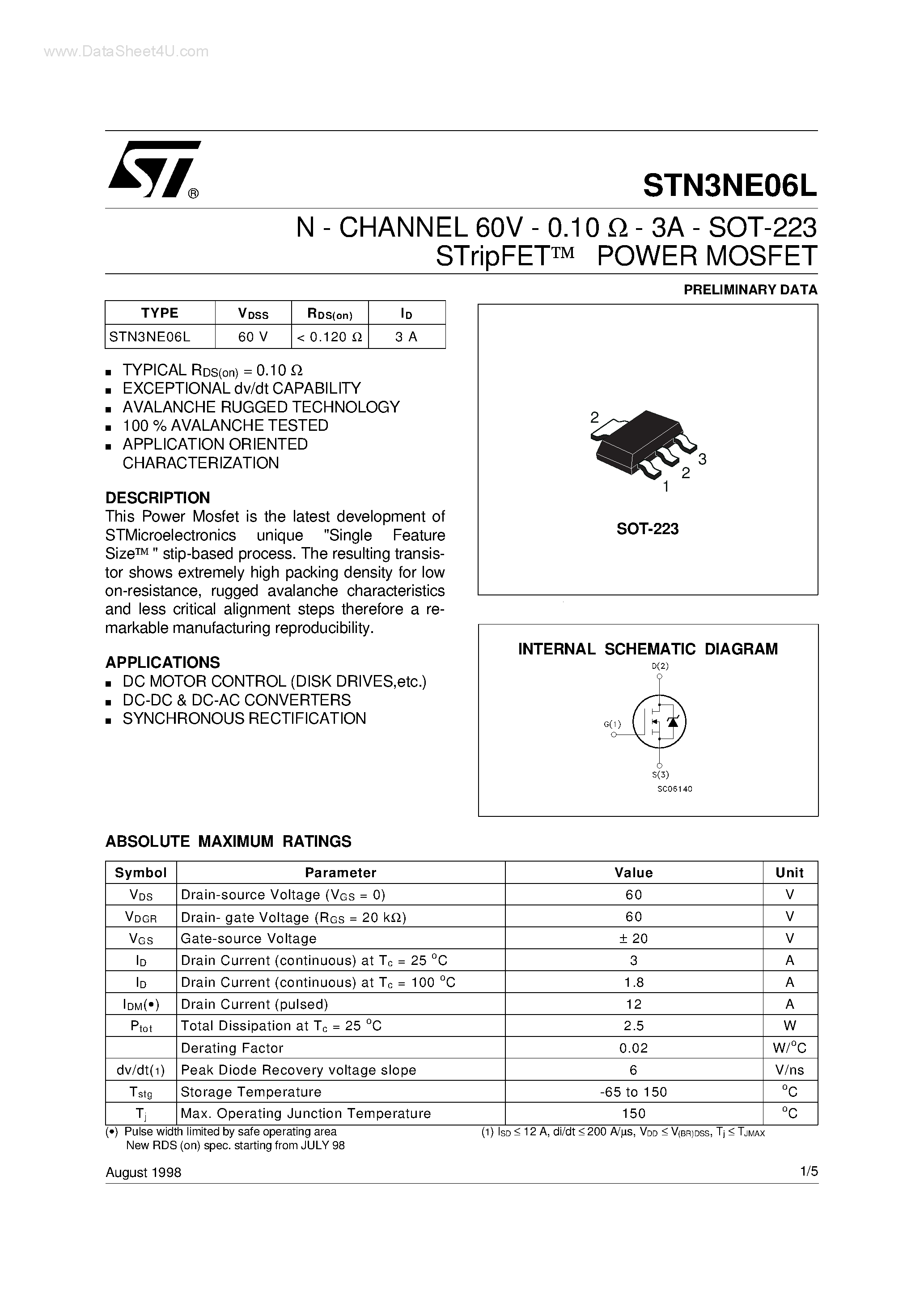 Datasheet STN3NE06L - N-CHANNEL MOSFET page 1