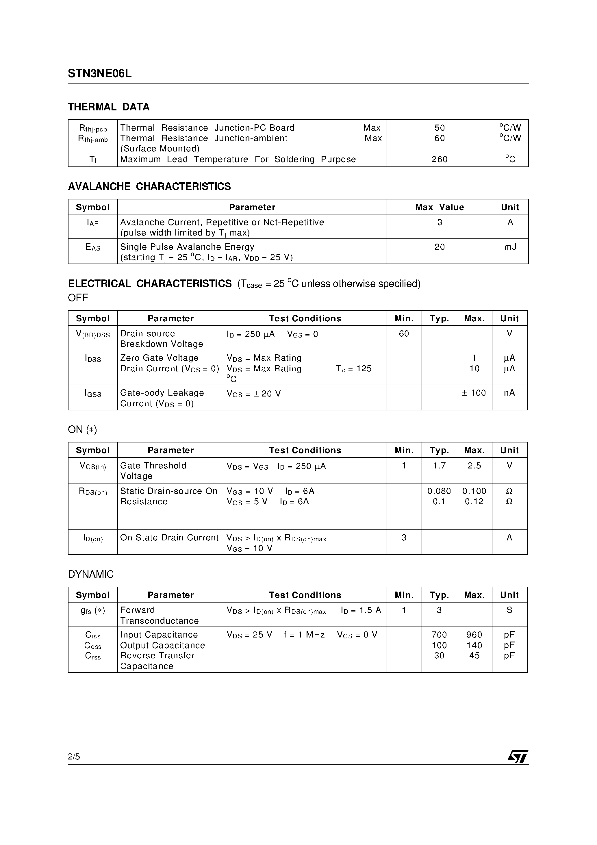 Datasheet STN3NE06L - N-CHANNEL MOSFET page 2