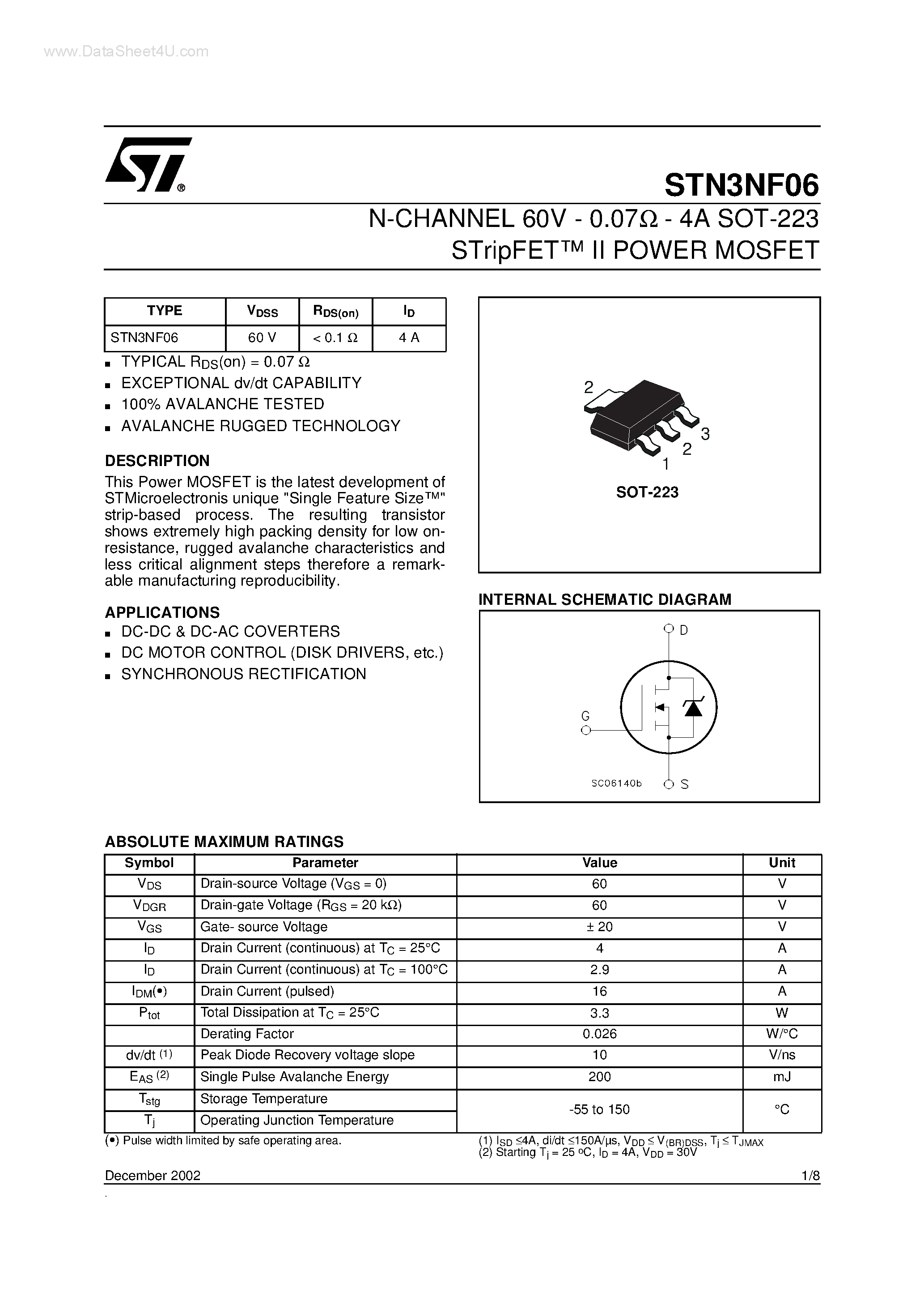 Datasheet STN3NF06 - N-CHANNEL MOSFET page 1