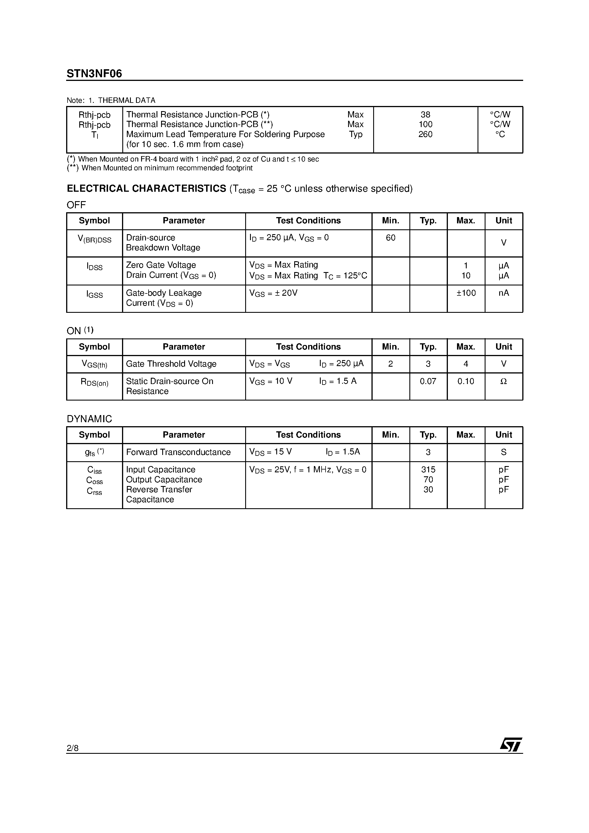 Datasheet STN3NF06 - N-CHANNEL MOSFET page 2