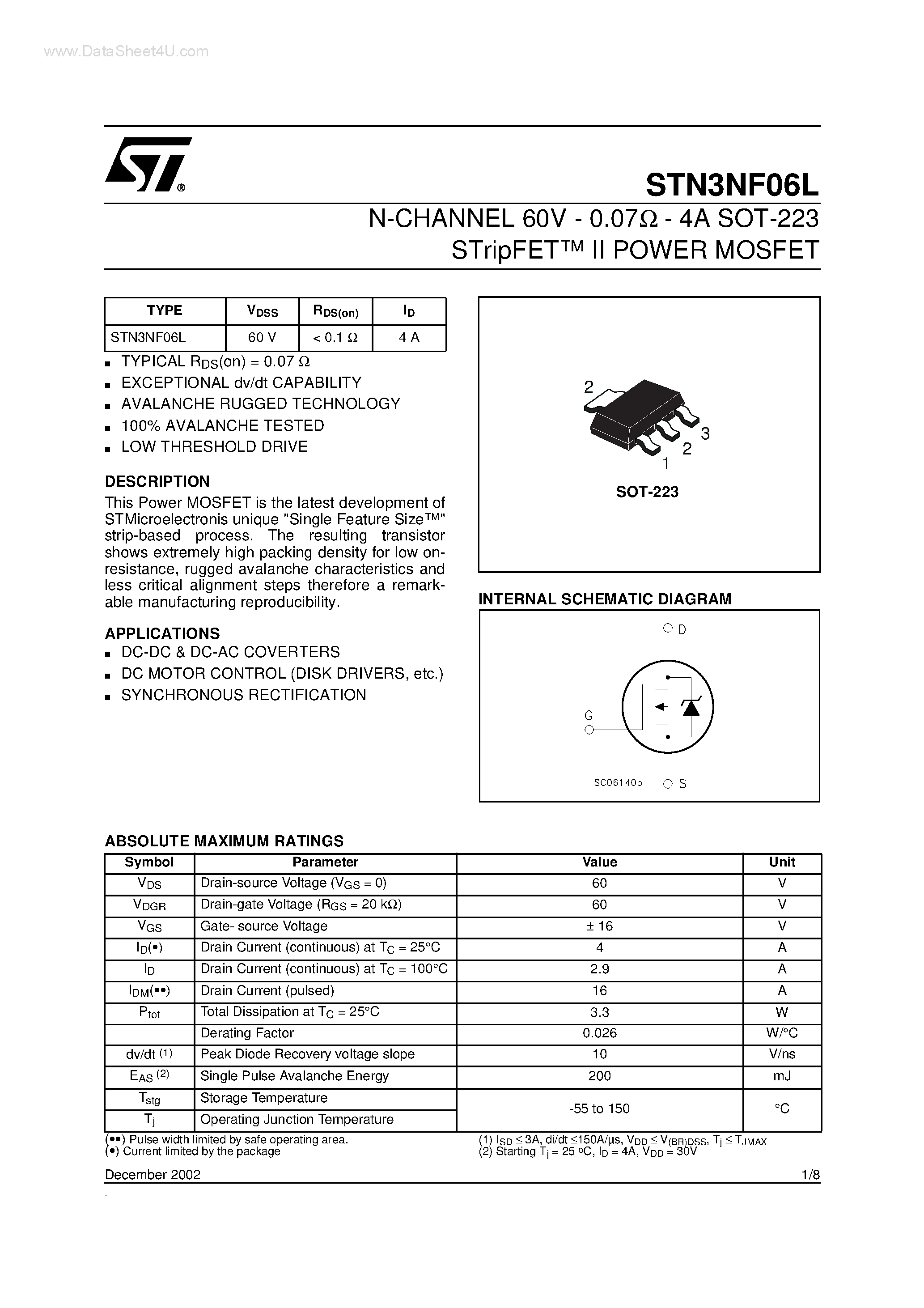 Datasheet STN3NF06L - N-CHANNEL MOSFET page 1