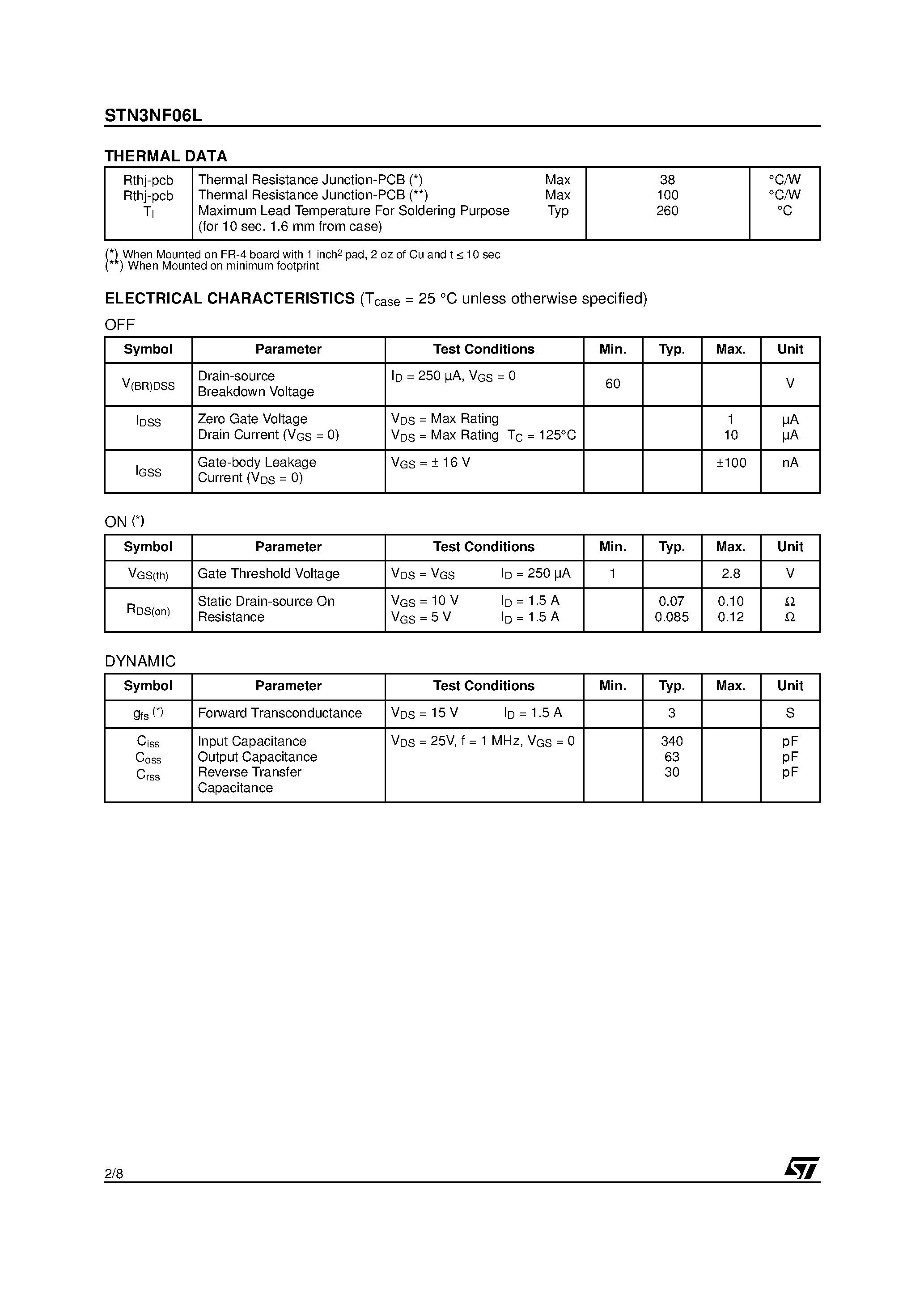 Datasheet STN3NF06L - N-CHANNEL MOSFET page 2