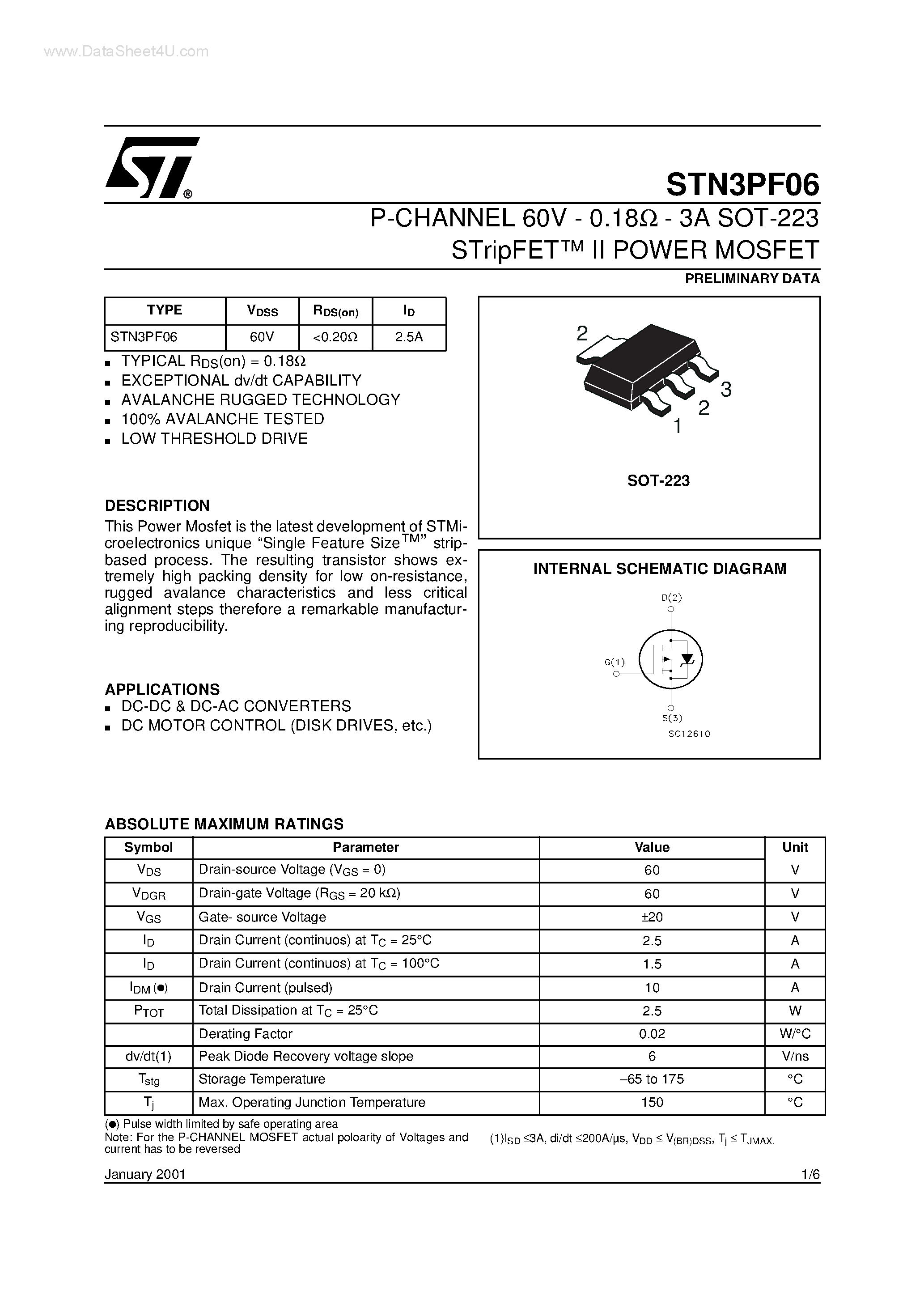 Datasheet STN3PF06 - N-CHANNEL MOSFET page 1