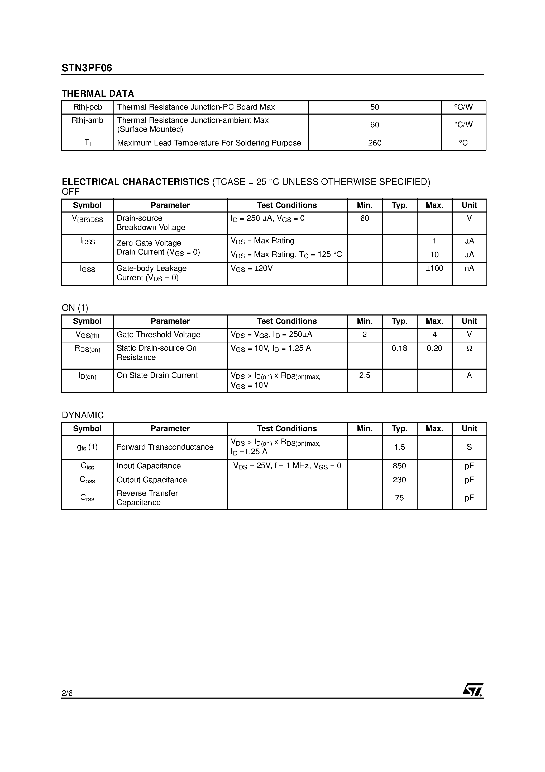 Datasheet STN3PF06 - N-CHANNEL MOSFET page 2