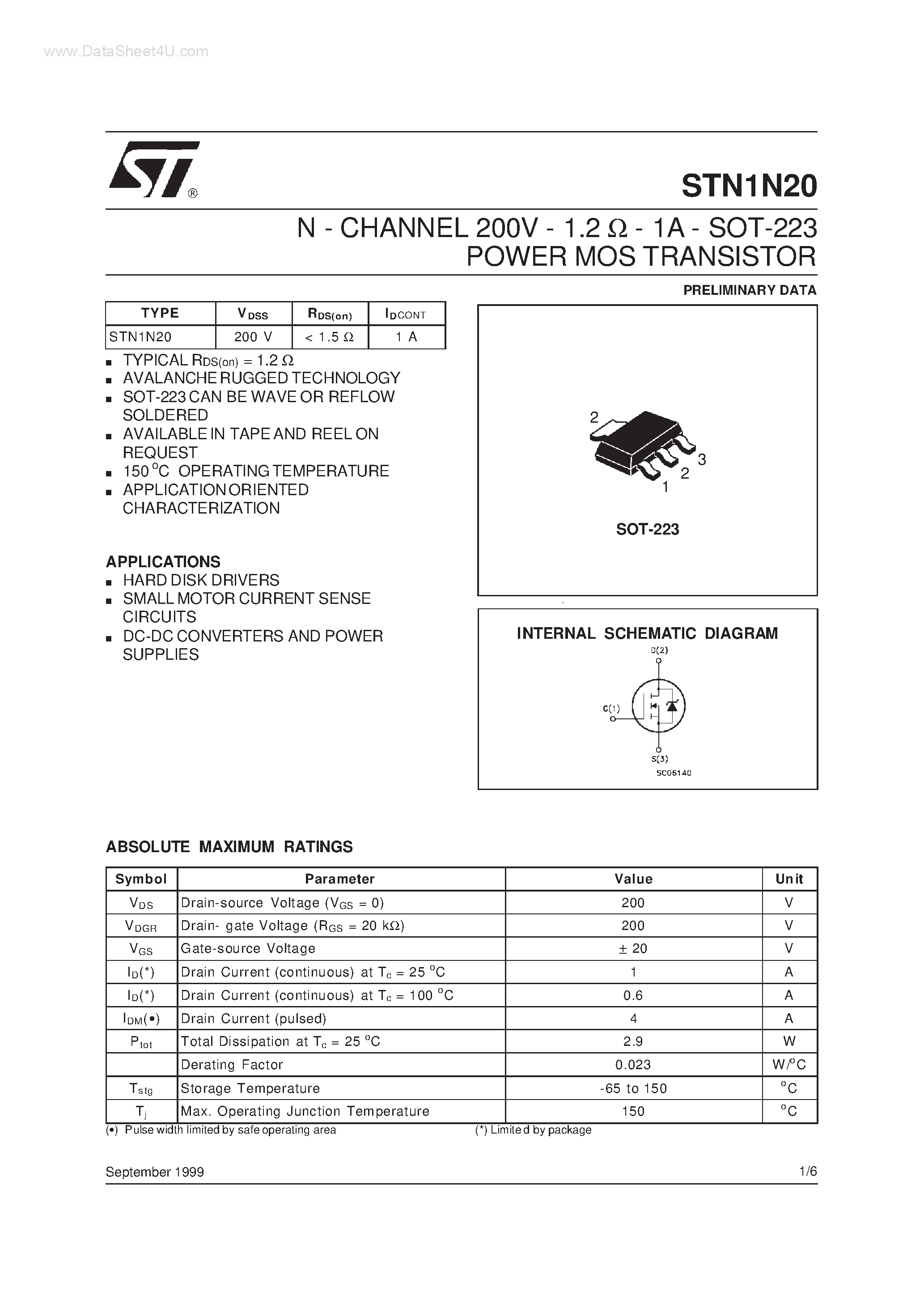 Datasheet STN1N20 - N-CHANNEL MOSFET page 1