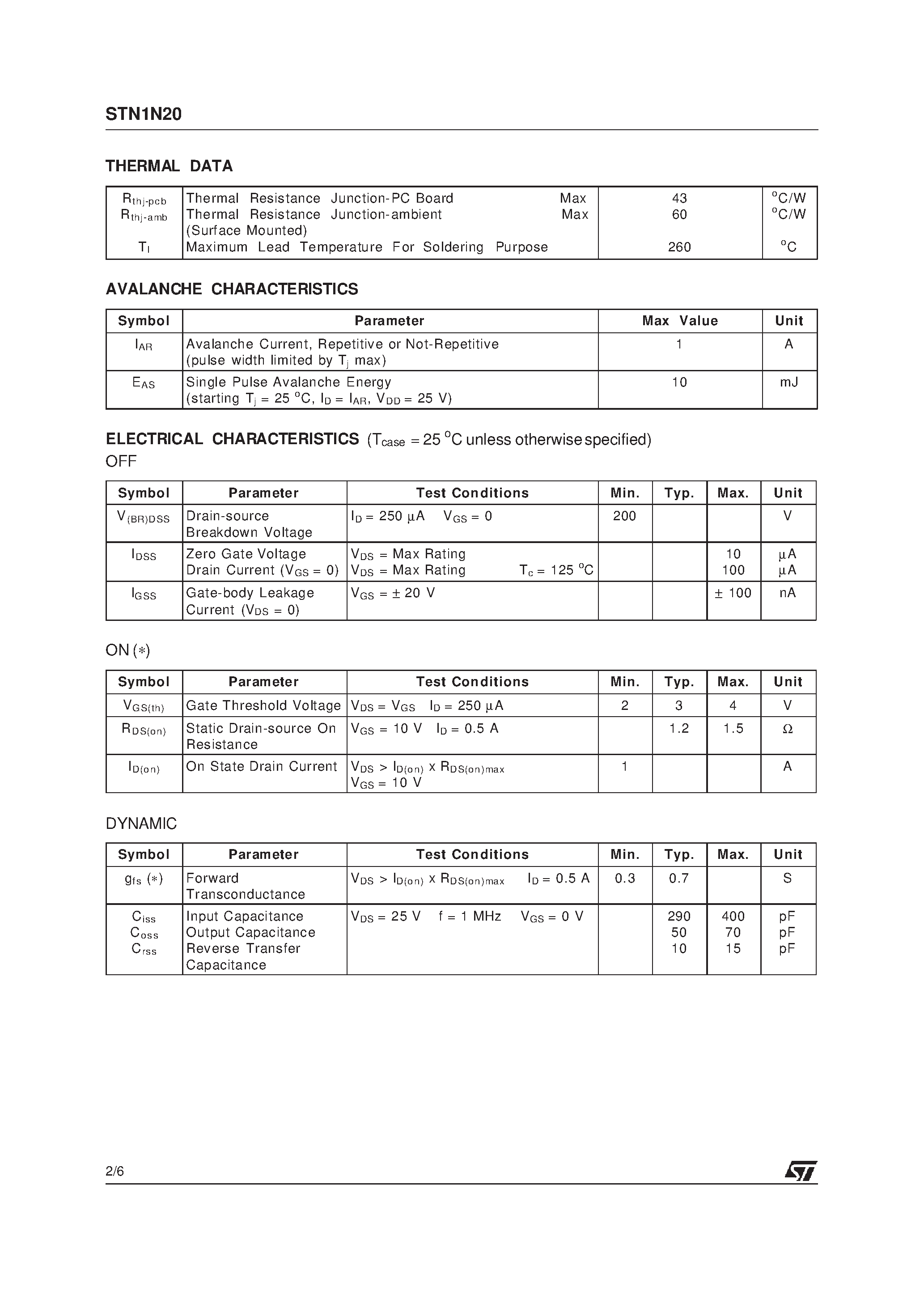 Datasheet STN1N20 - N-CHANNEL MOSFET page 2