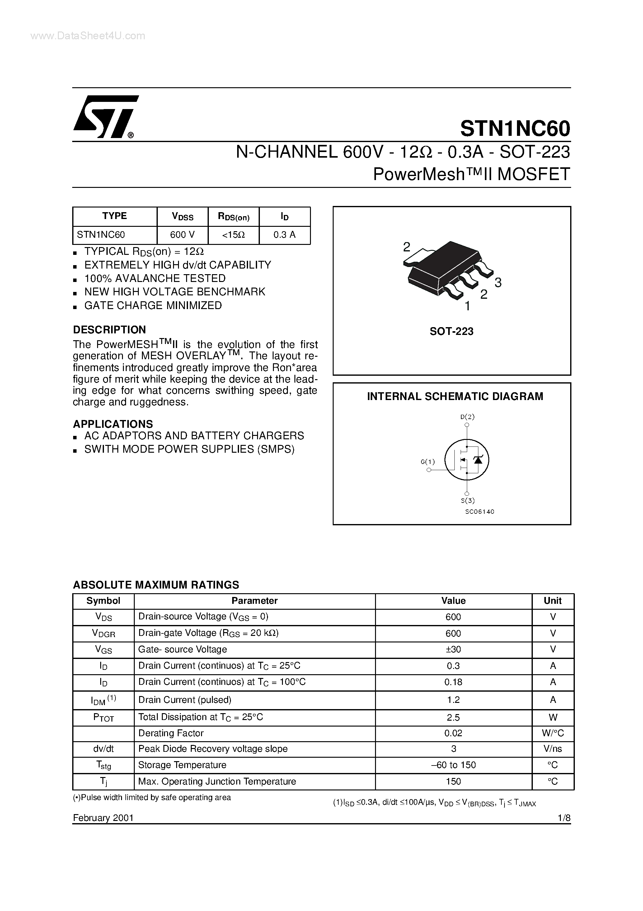 Datasheet STN1NC60 - N-CHANNEL MOSFET page 1