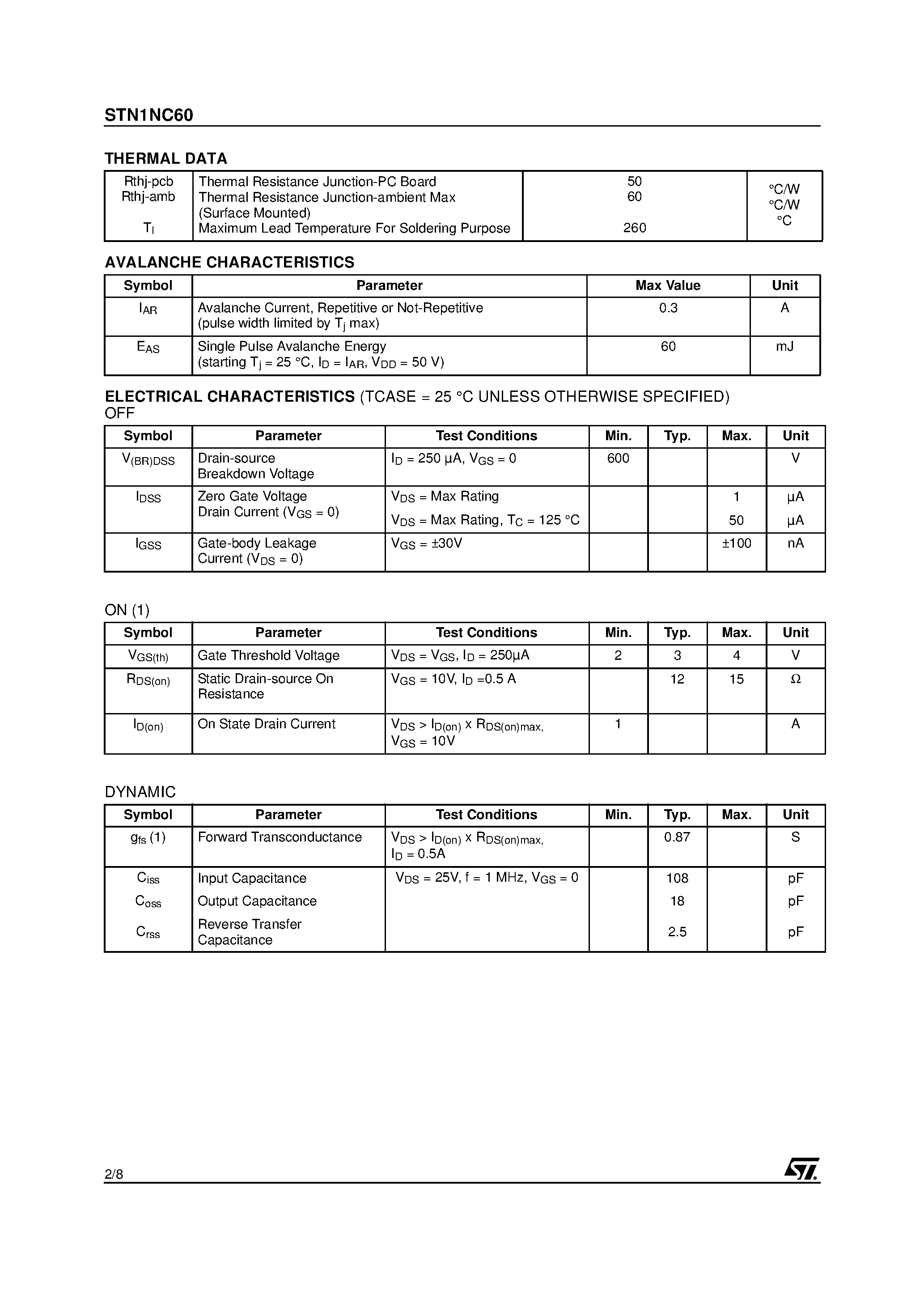 Datasheet STN1NC60 - N-CHANNEL MOSFET page 2