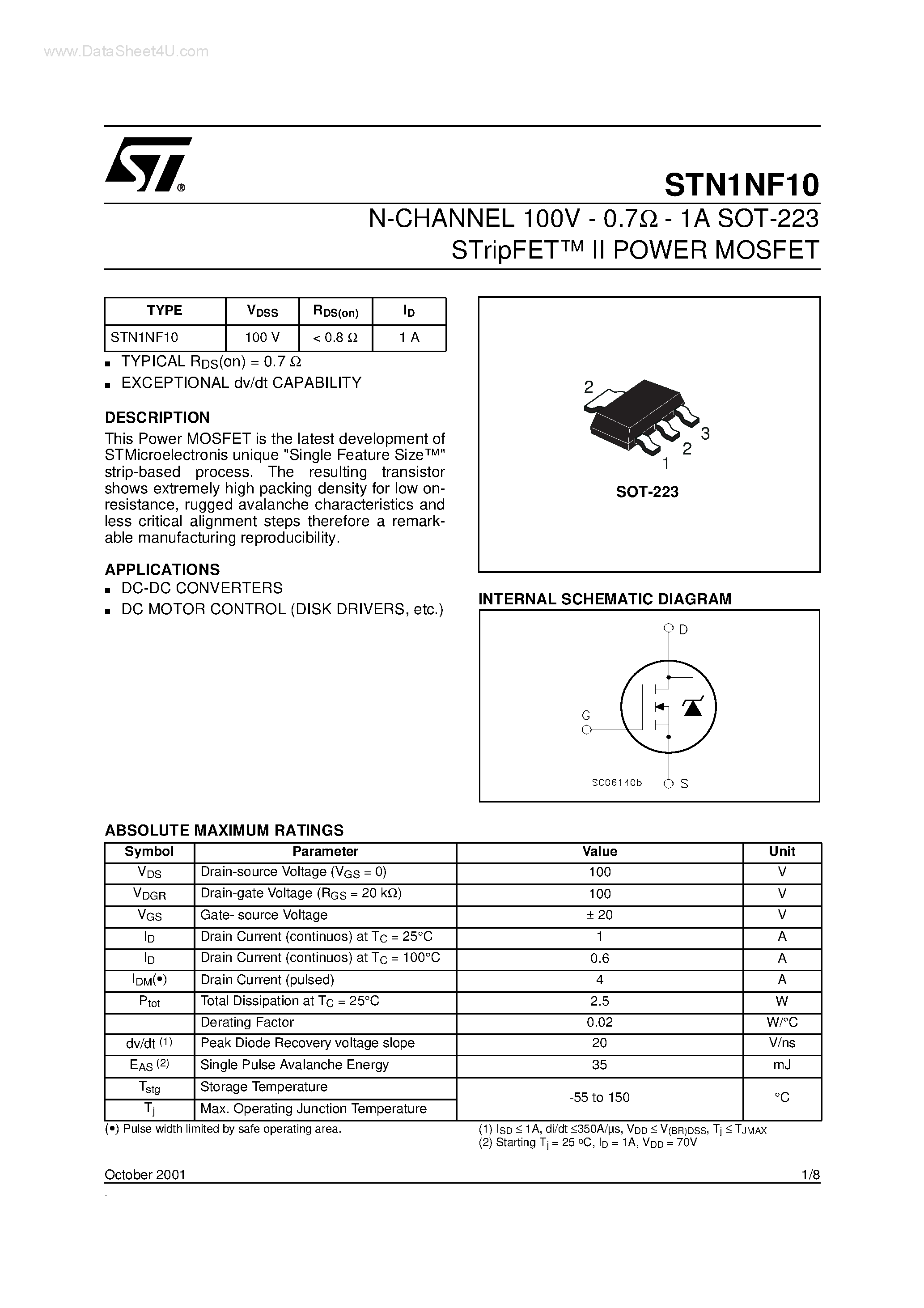 Datasheet STN1NF10 - N-CHANNEL MOSFET page 1