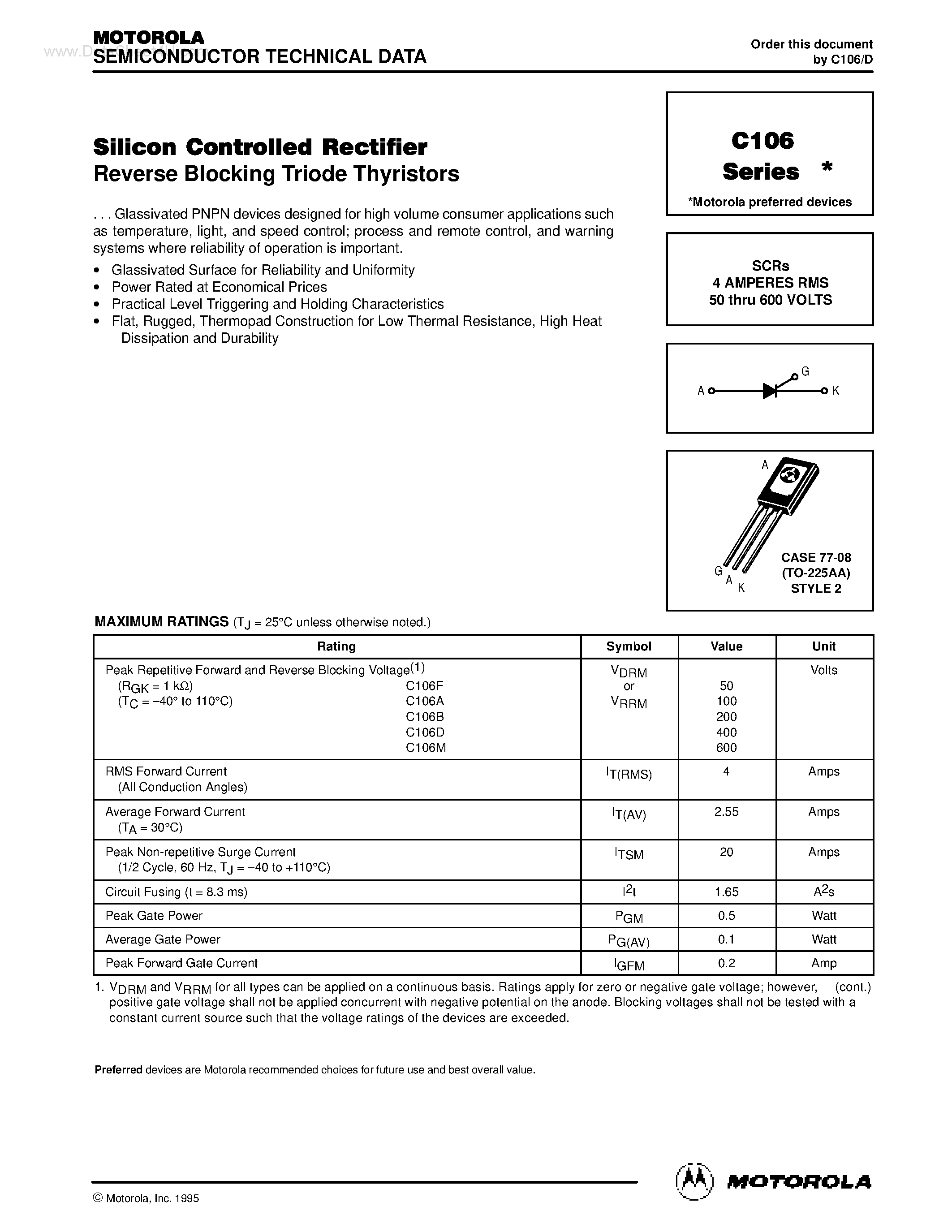 Datasheet C106 - SCRs 4 AMPERES RMS 50 thru 600 VOLTS page 1