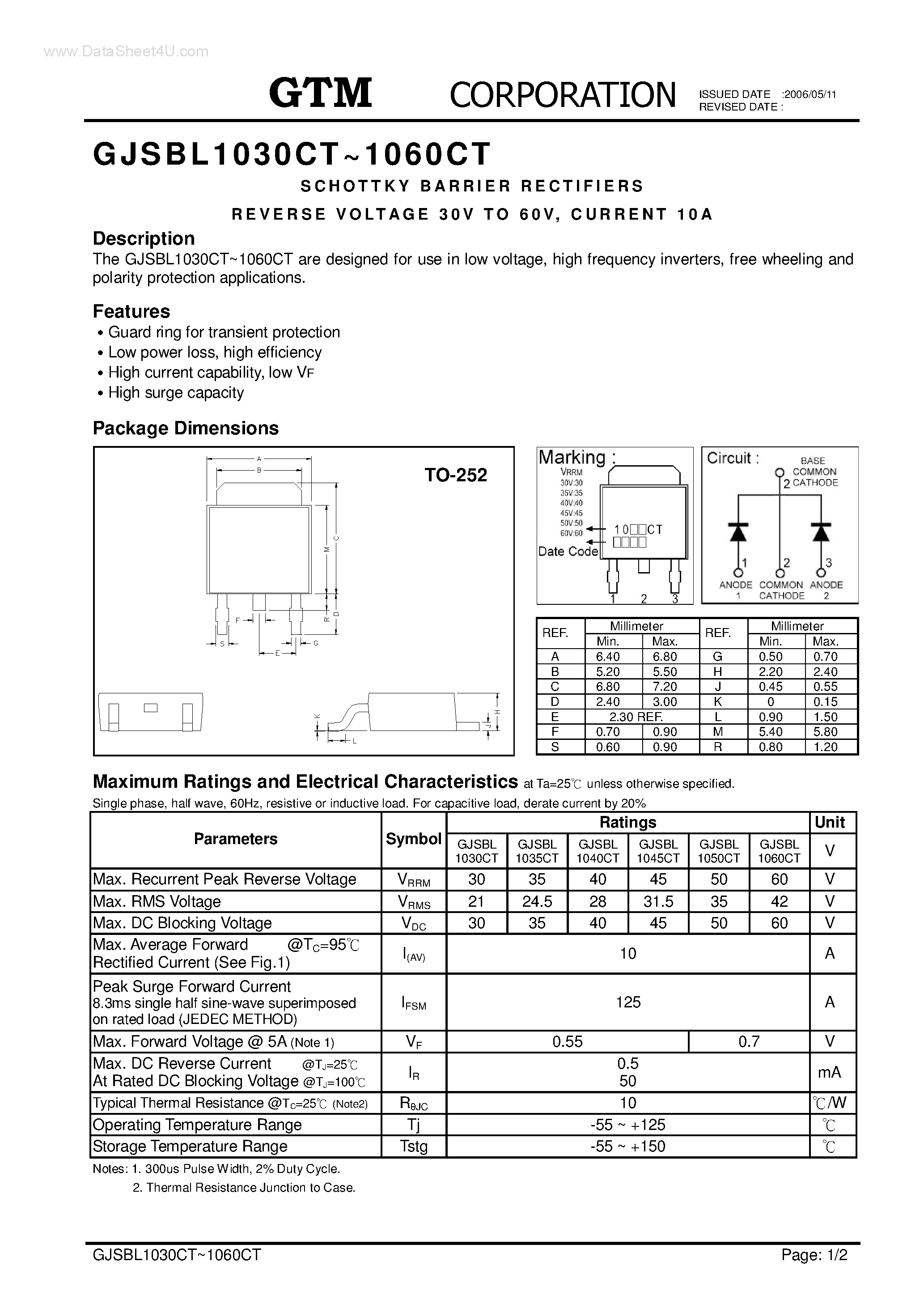 Datasheet GJSBL1035CT page 1 Datasheet GJSBL1035CT - (GJSBL1030CT - GJSBL1060CT) SCHOTTKY BARRIER RECTIFIERS page 1
