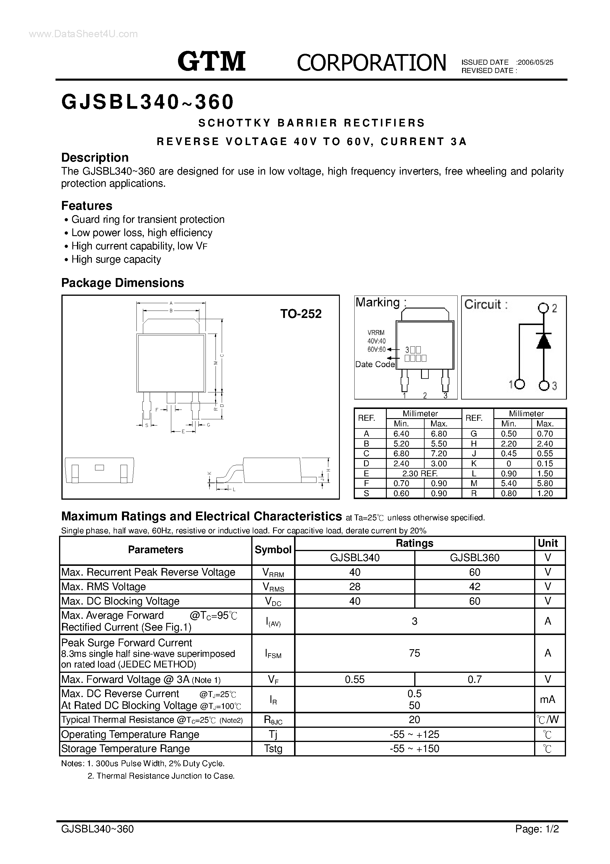Datasheet GJSBL340 page 1 Datasheet GJSBL340 - (GJSBL340 / GJSBL360) SCHOTTKY BARRIER RECTIFIERS page 1