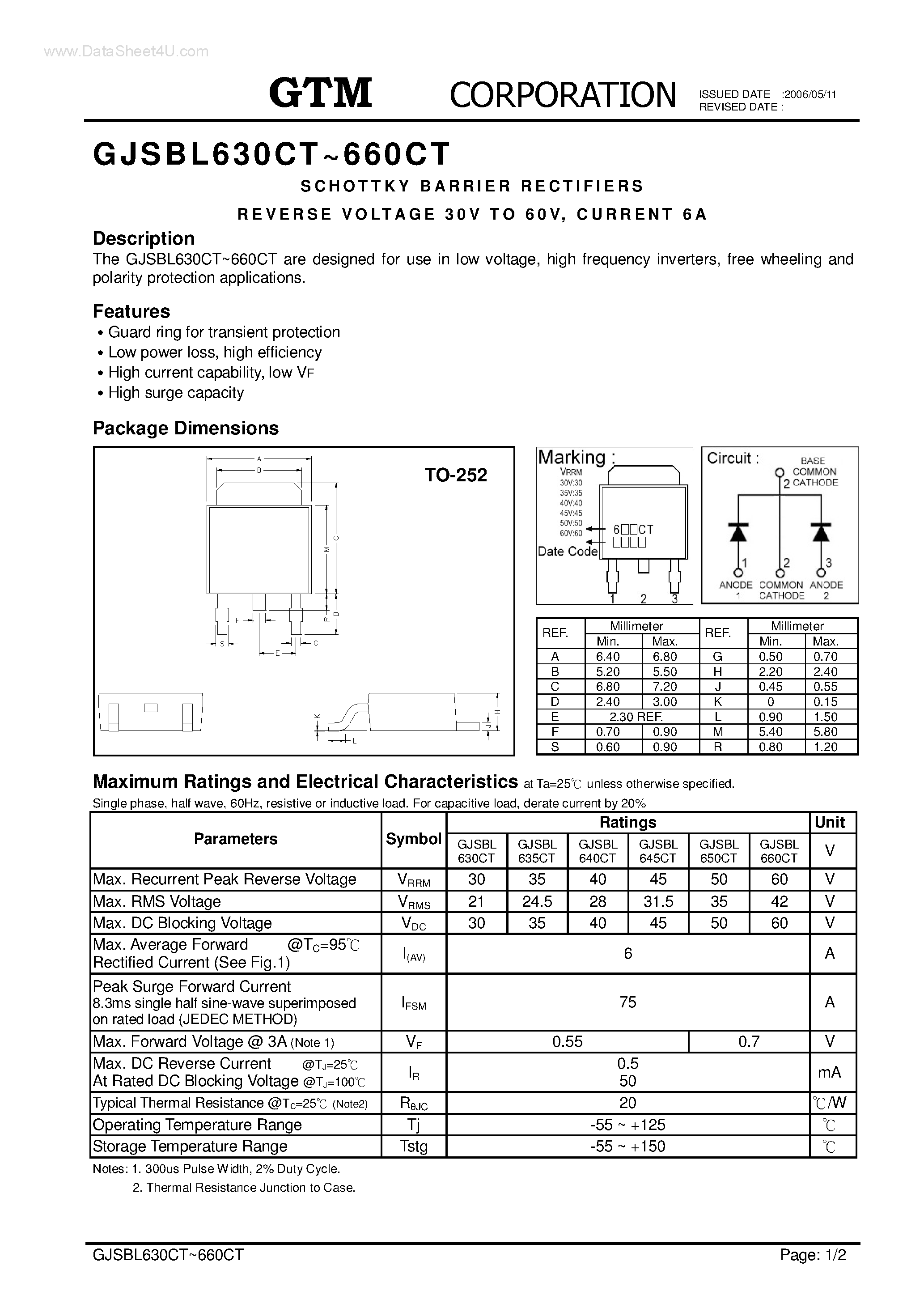 Datasheet GJSBL630CT page 1 Datasheet GJSBL630CT - (GJSBL630CT - GJSBL660CT) SCHOTTKY BARRIER RECTIFIERS page 1