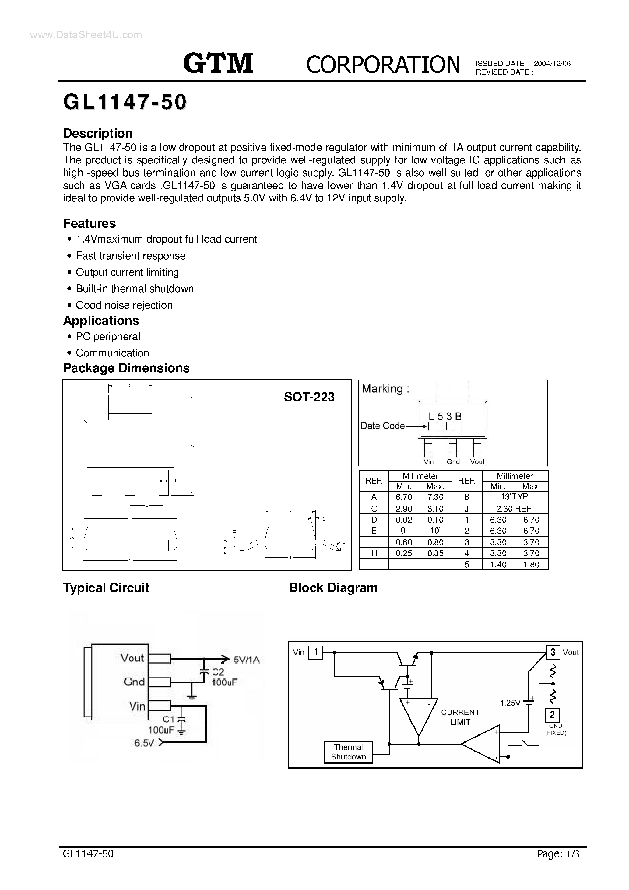Datasheet GL1147-50 - a low dropout at positive fixed-mode regulator page 1