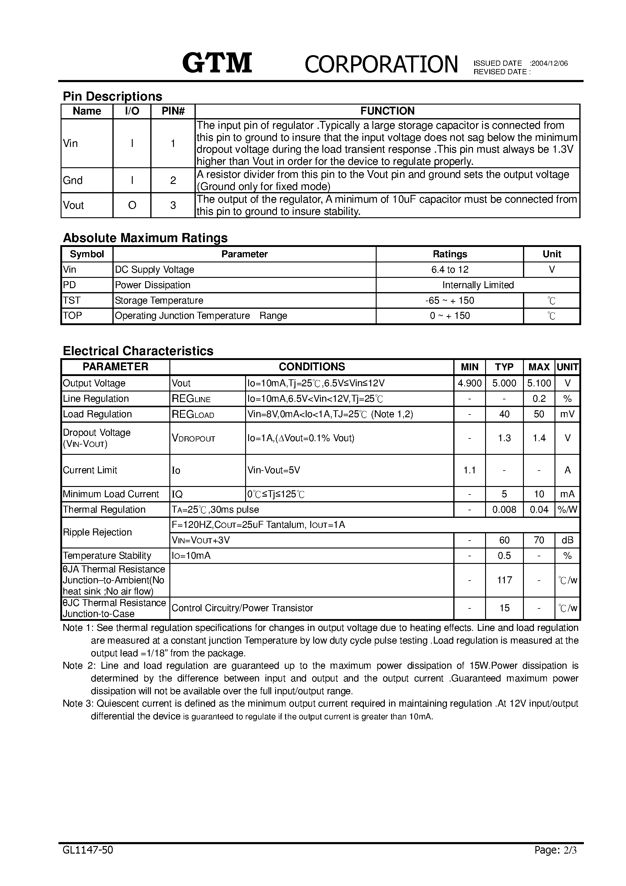 Datasheet GL1147-50 - a low dropout at positive fixed-mode regulator page 2