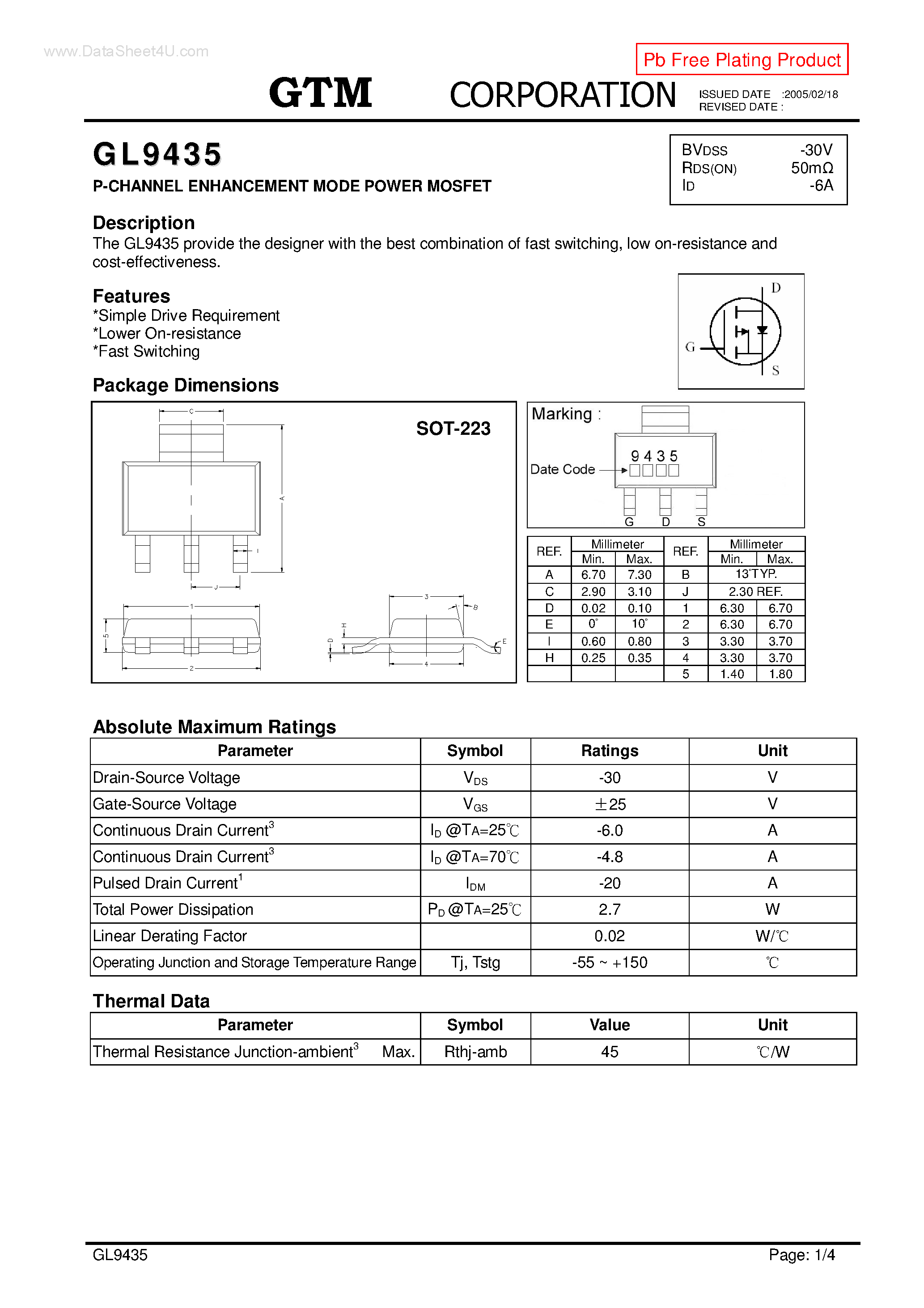 Datasheet GL9435 page 1 Datasheet GL9435 - P-CHANNEL ENHANCEMENT MODE POWER MOSFET page 1