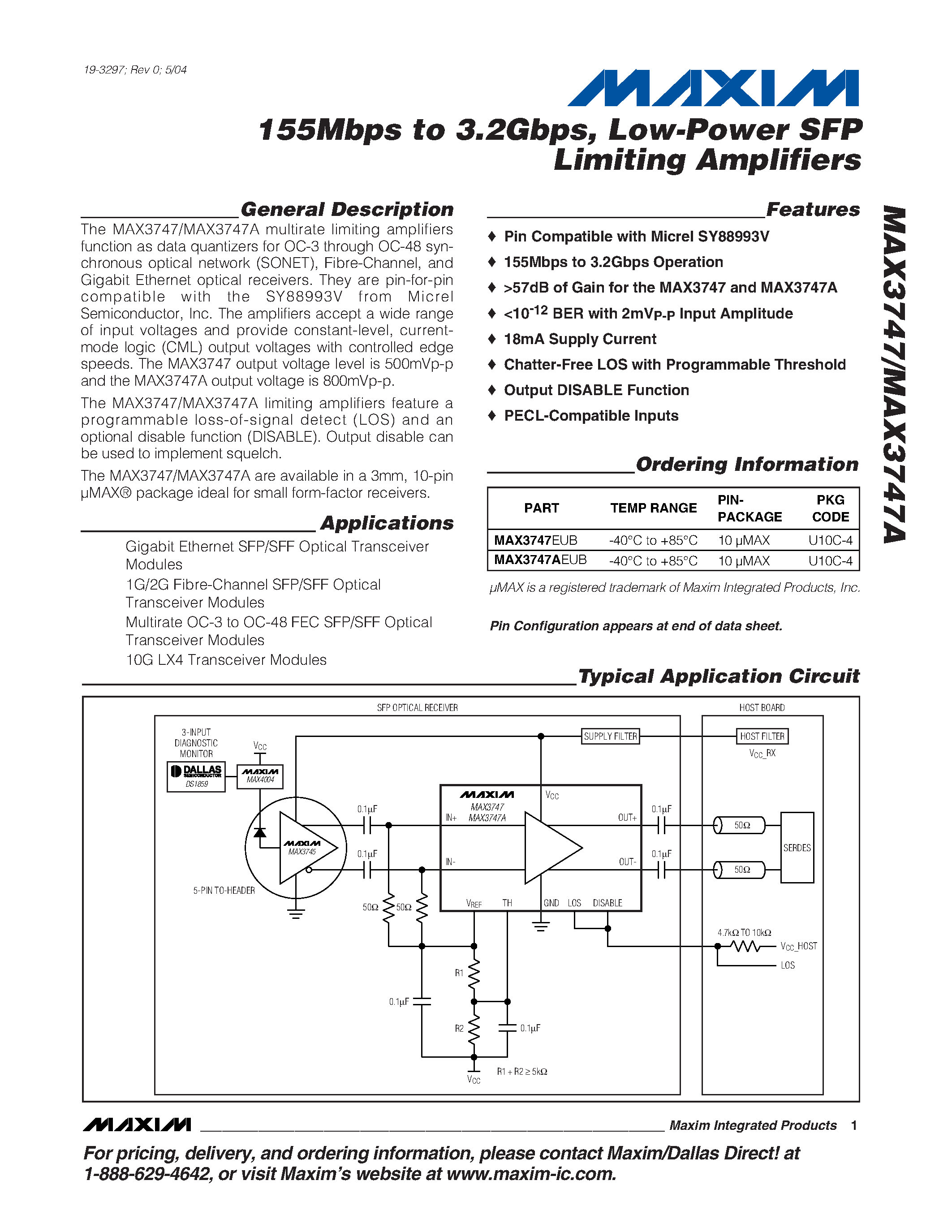 Datasheet MAX3747 - 155Mbps to 3.2Gbps / Low-Power SFP Limiting Amplifiers page 1