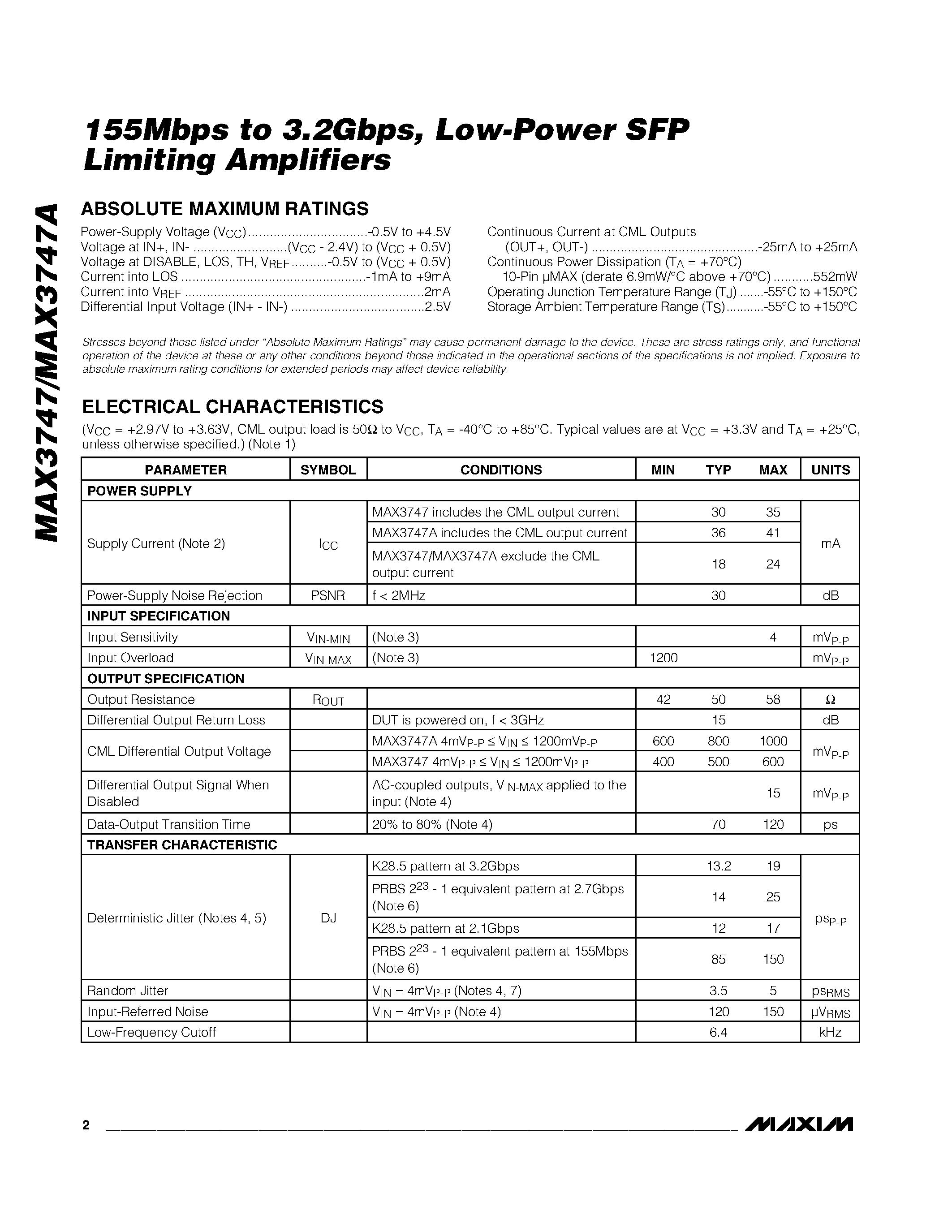 Datasheet MAX3747 - 155Mbps to 3.2Gbps / Low-Power SFP Limiting Amplifiers page 2