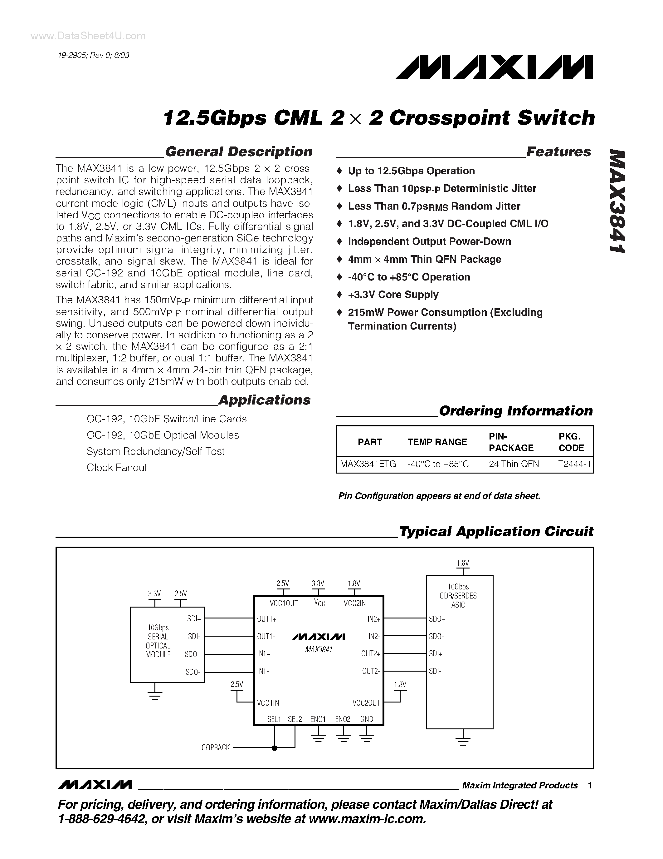 Datasheet MAX3841 - CML 2 2 Crosspoint Switch page 1